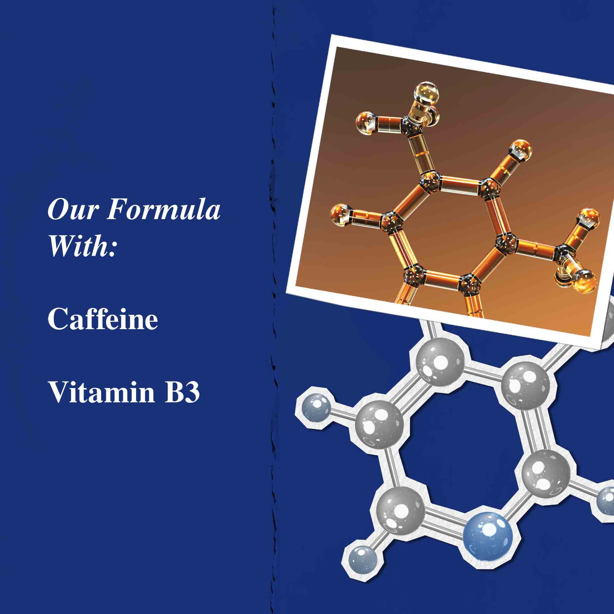 Prikaz ključnih sastojaka: kofein i vitamin B3.