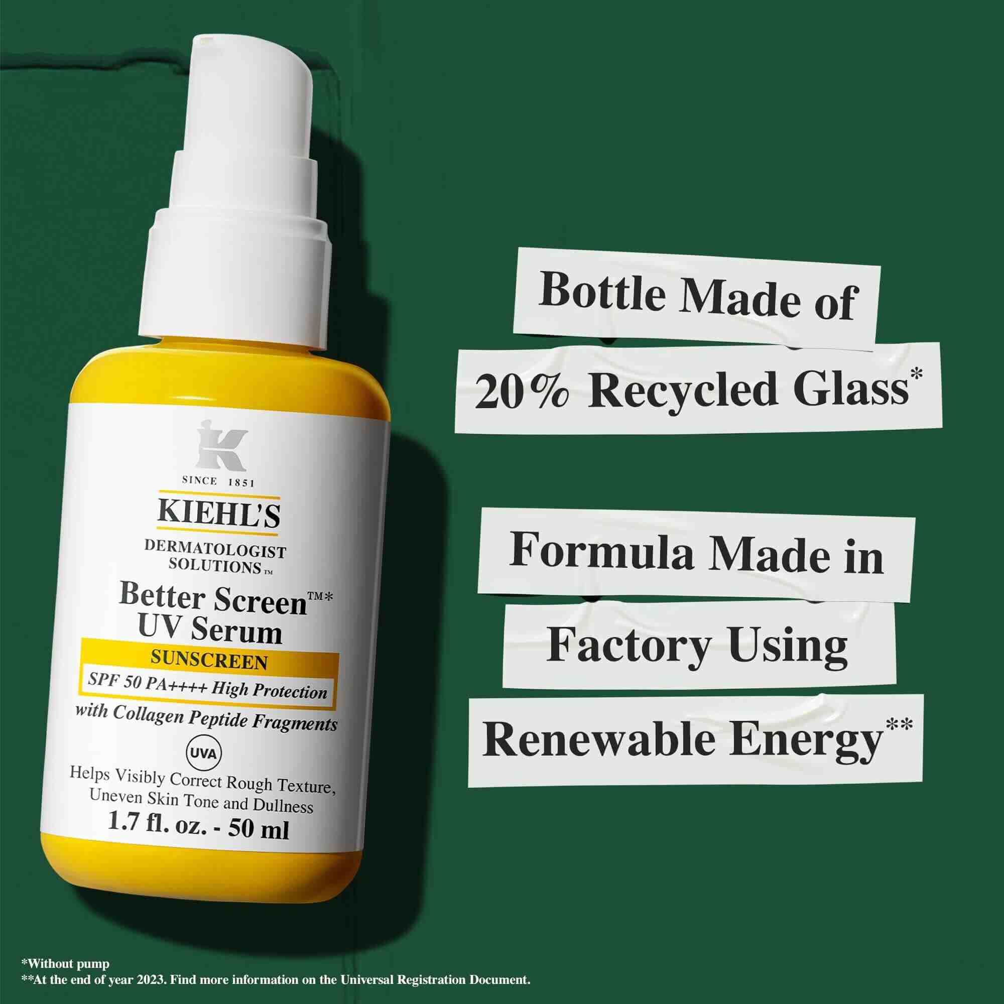 Kiehl's Better Screen UV Serum, SPF 50, u bočici napravljenoj od 20% recikliranog stakla, održivo proizvedenoj uz obnovljivu energiju