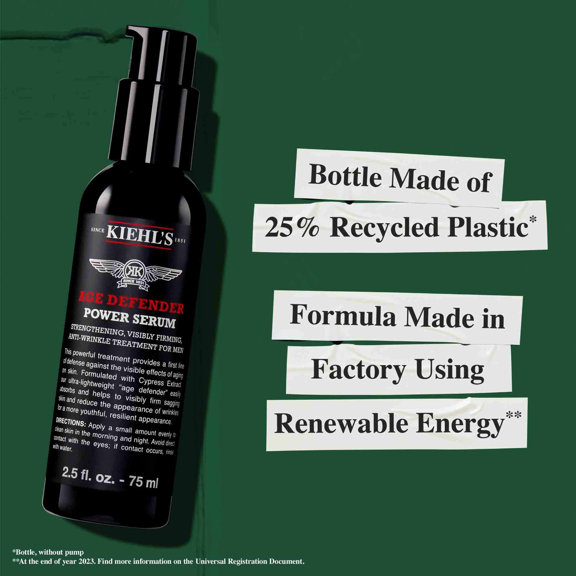 Bočica Age Defender Power seruma napravljena od 25% reciklirane plastike; formula proizvedena uz obnovljivu energiju.