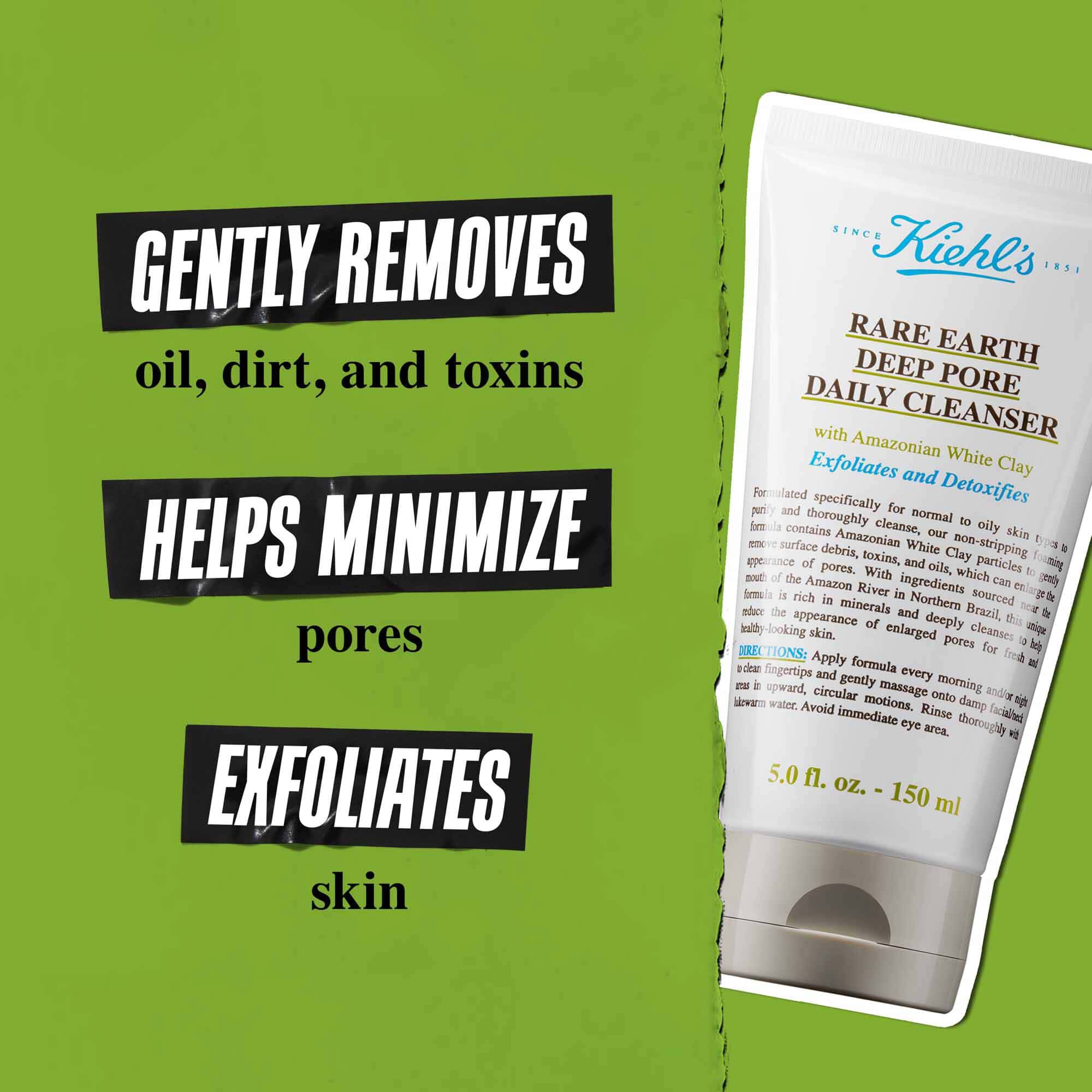 Tuba Rare Earth Deep Pore Daily Cleanser na zelenoj pozadini sa tekstom: „Nežno uklanja prljavštinu, masnoću i toksine. Održava pore smanjenim. Vrši piling i dubinski čisti kožu.”
