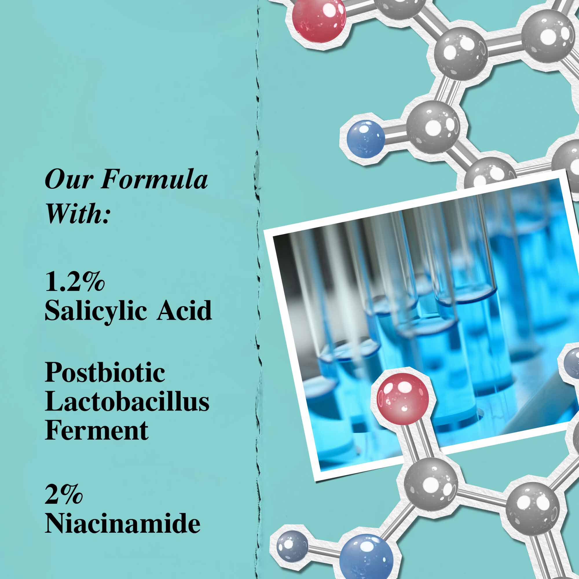 Prikaz koji ističe ključne sastojke Expertly Clear Blemish-Treating & Preventing Lotion, uključujući salicilnu kiselinu, postbiotički ferment laktobacila i niacinamid.