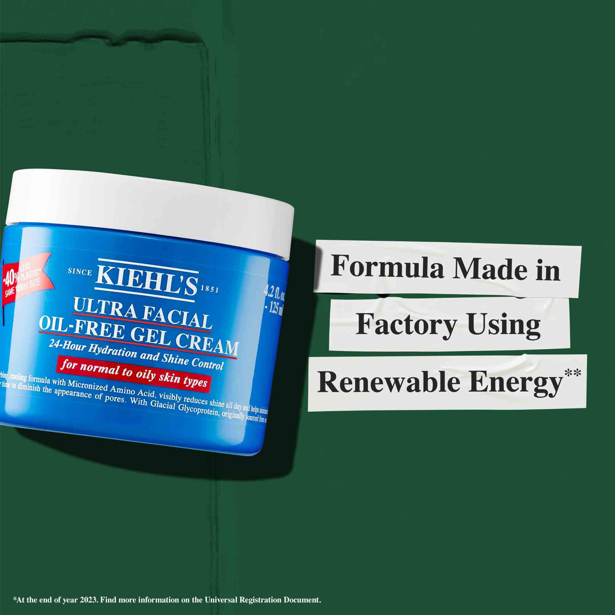 Teglica Ultra Facial Oil-Free Gel Cream sa tekstom „Formula proizvedena u fabrici uz obnovljivu energiju.”