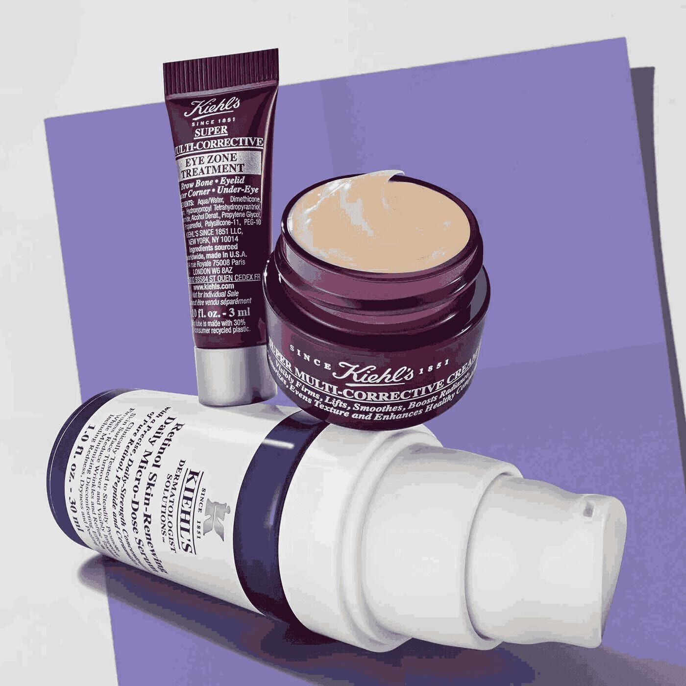 Kiehl's anti-aging set with retinol serum, eye cream, and multi-corrective cream, advertised with promotional pricing and value.