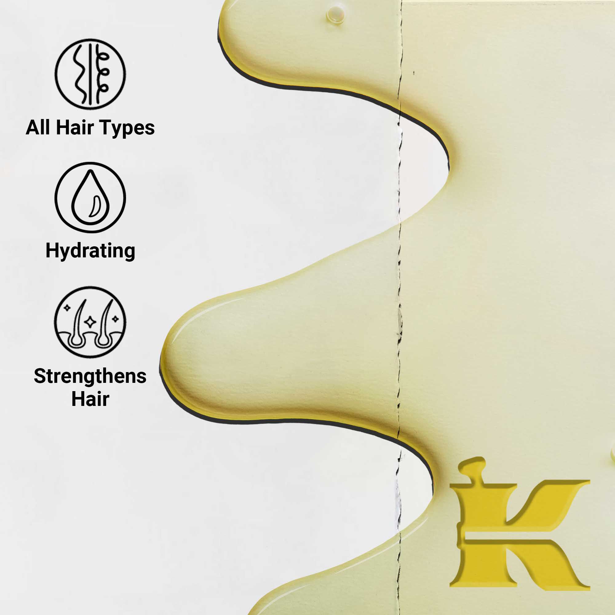 Krupni plan teksture Magic Elixir Hair Oil. Tekst ističe da je hidratantno, lagano i dizajnirano da poboljša teksturu kose za sve tipove kose.