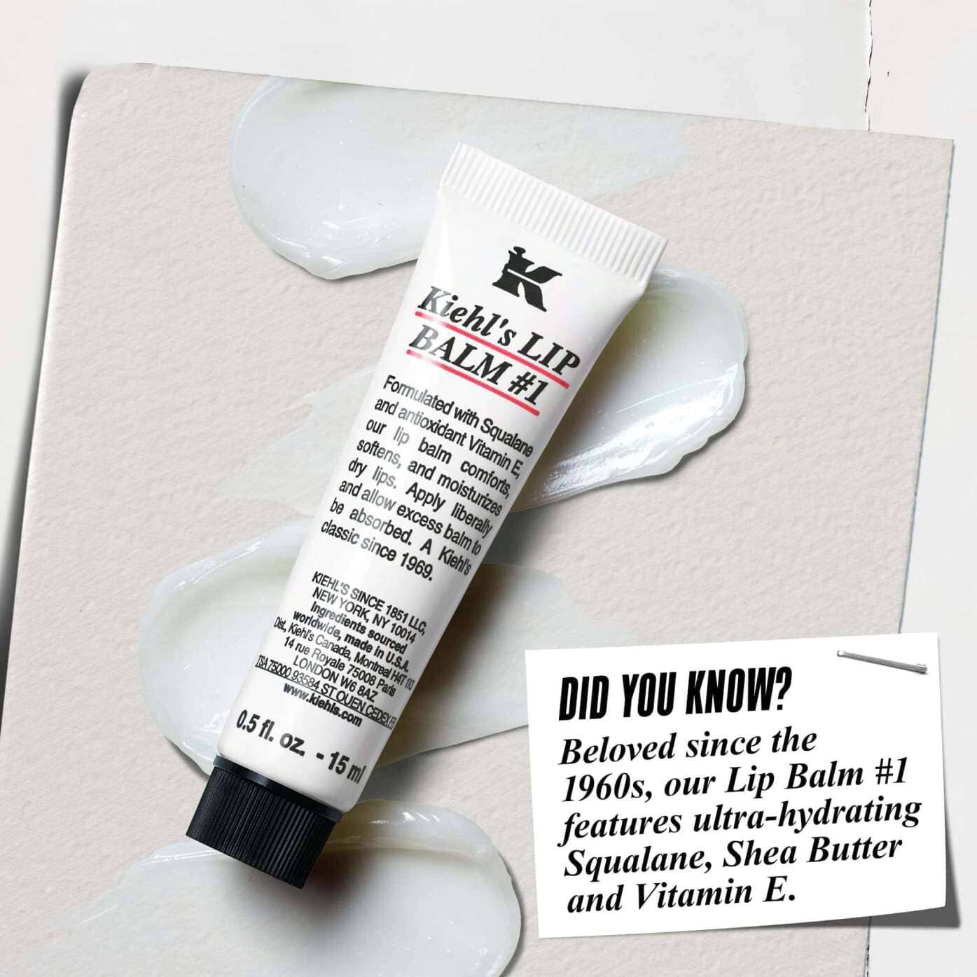 Tuba Lip Balm #1 balzama na beloj površini sa tekstom: „Da li ste znali? Formulisan sa skvalanom, shea puterom i vitaminom E za hidrirane, glatkije usne.”