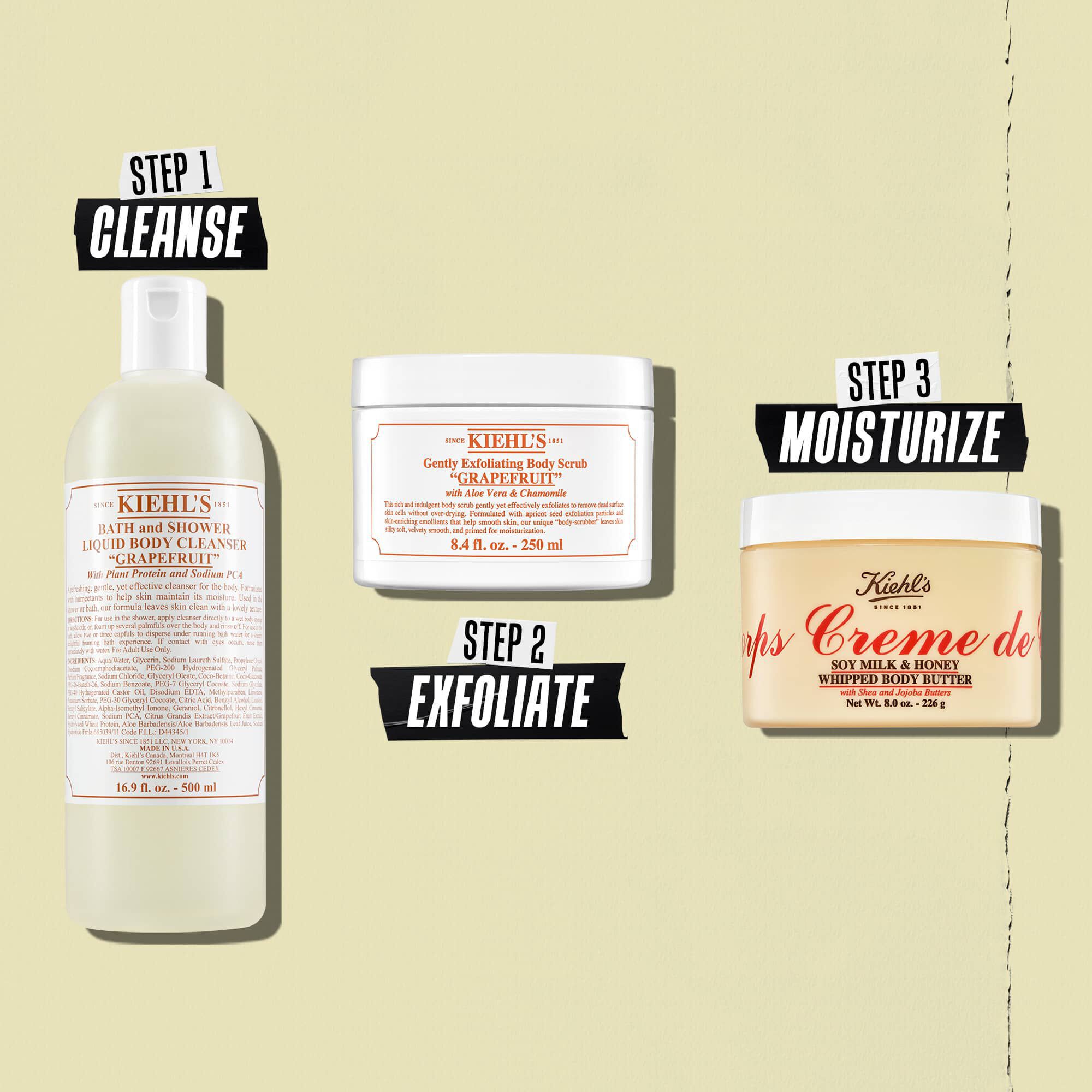 Ilustracija rutine sa maslacem za telo Creme de Corps Whipped Butter – čišćenje, piling, hidratacija