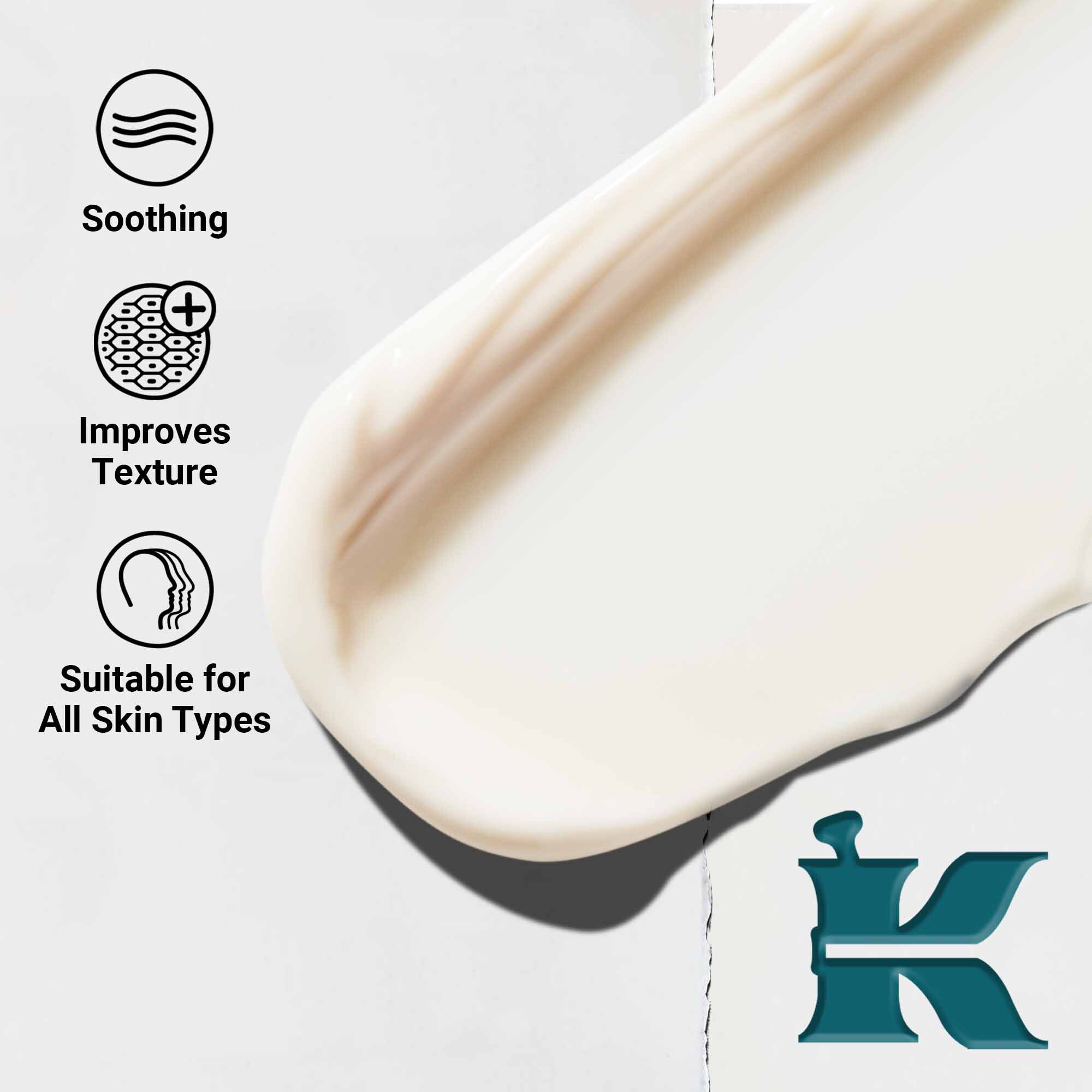 Krupni plan teksture Kiehl's Close Shavers Squadron Smooth Glider Precision Shave Lotion. Tekst ističe svojstva zaglađivanja i poboljšanja teksture, pogodno za sve tipove kože.