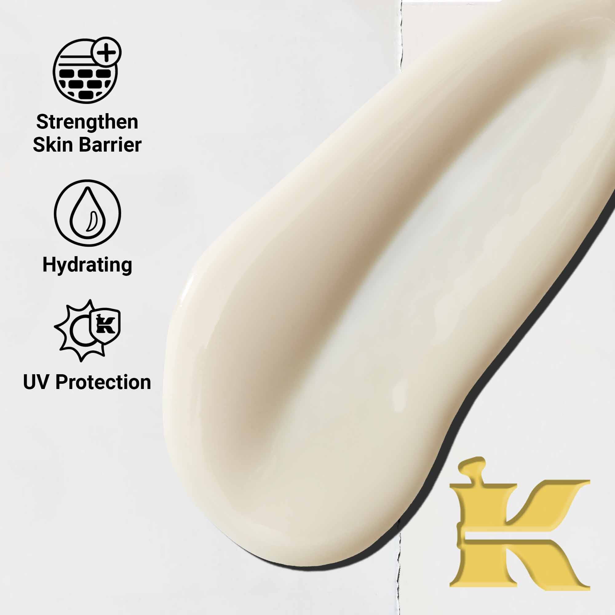 Krupni plan teksture Ultra-Light Daily UV Defense. Tekst ističe njegovu laganu, hidratantnu i UV zaštitu širokog spektra.