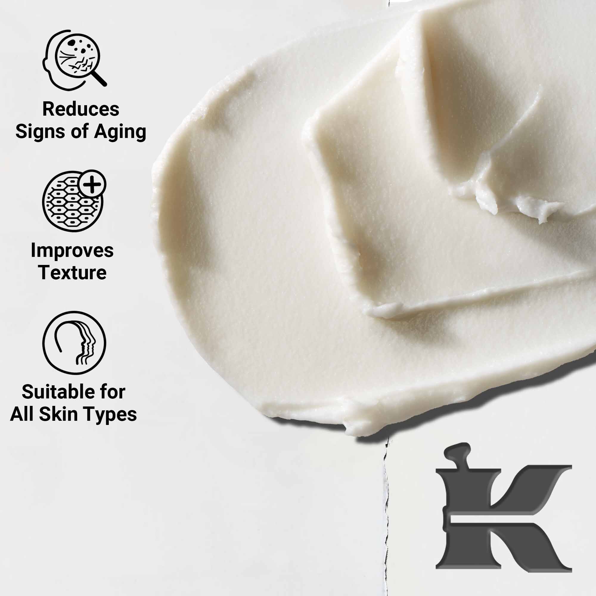 Krupni plan teksture kreme Age Defender Eye Repair; smanjuje znakove starenja i poboljšava teksturu, pogodno za sve tipove kože.