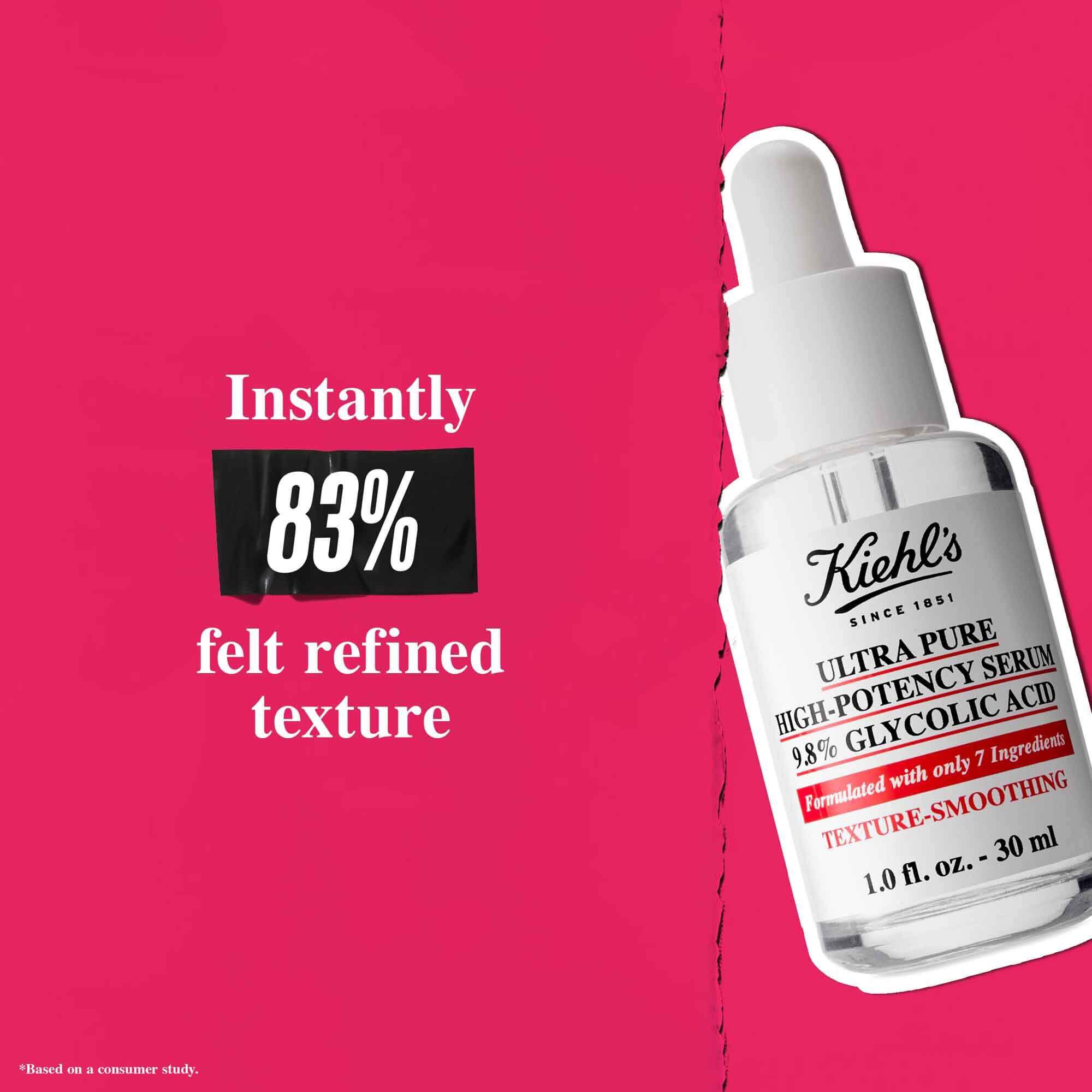 Bočica Ultra Pure 9.8% Glycolic Acid Serum na ružičastoj pozadini sa tekstom: „Trenutno je 83% osetilo poboljšanu teksturu.”