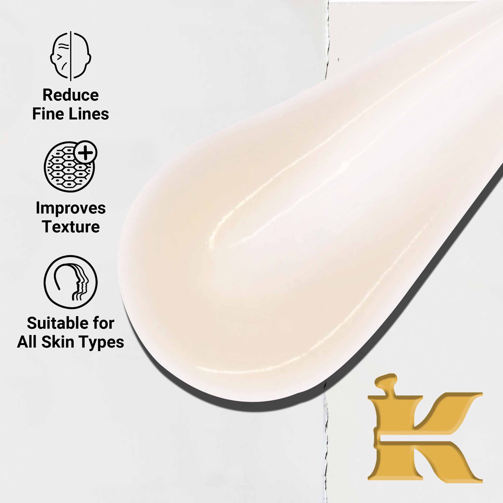 Krupni plan teksture Powerful-Strength Line-Reducing Concentrate. Tekst ističe njegovu sposobnost da smanji fine linije, poboljša teksturu i pogodnost za sve tipove kože.