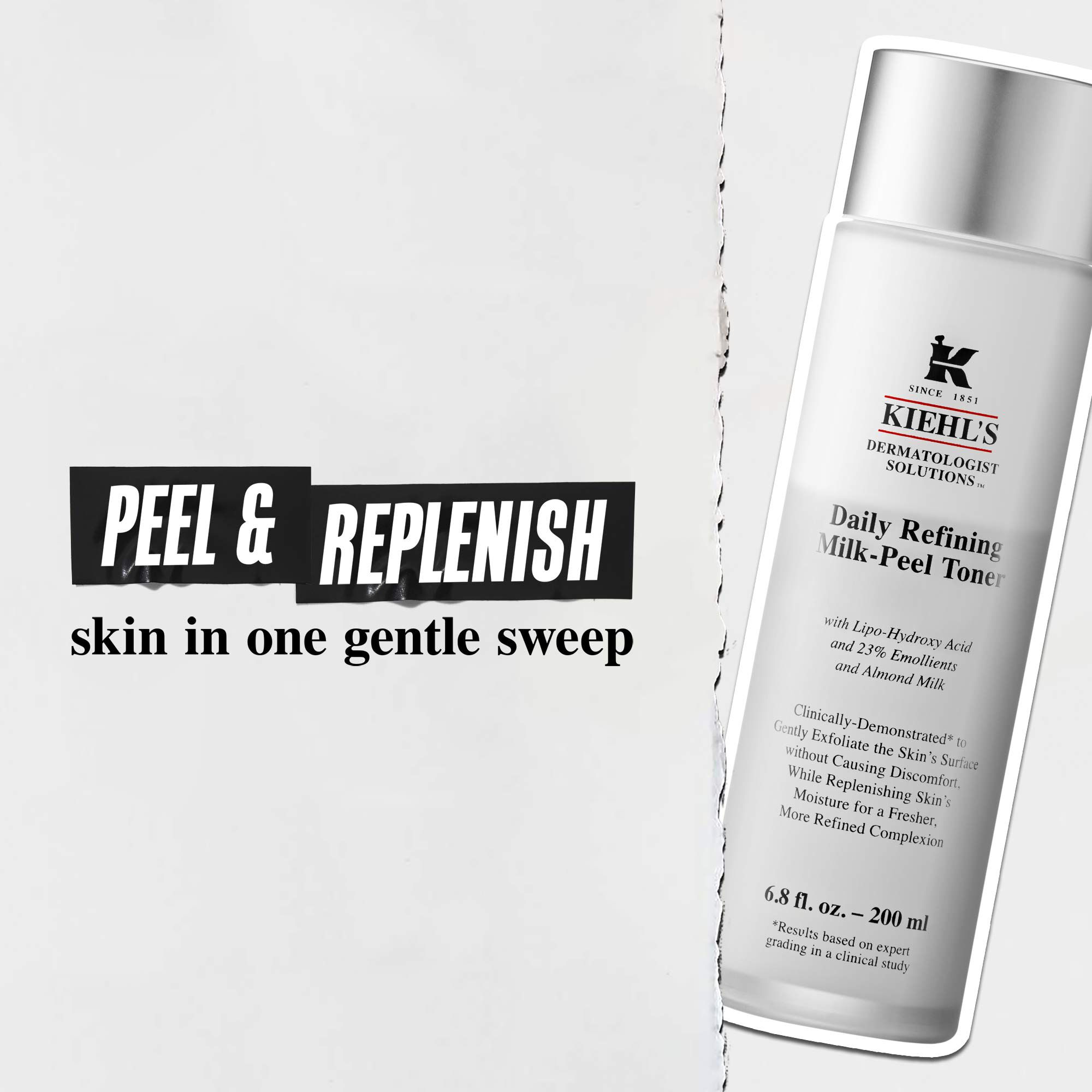 A graphic featuring a bottle of Kiehl's Daily Refining Milk-Peel Toner on the right. On the left, a text box reads: "PEEL & REPLENISH skin in one gentle sweep." The entire image is set against a light grey background.