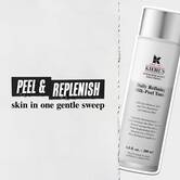 A graphic featuring a bottle of Kiehl's Daily Refining Milk-Peel Toner on the right. On the left, a text box reads: "PEEL & REPLENISH skin in one gentle sweep." The entire image is set against a light grey background.