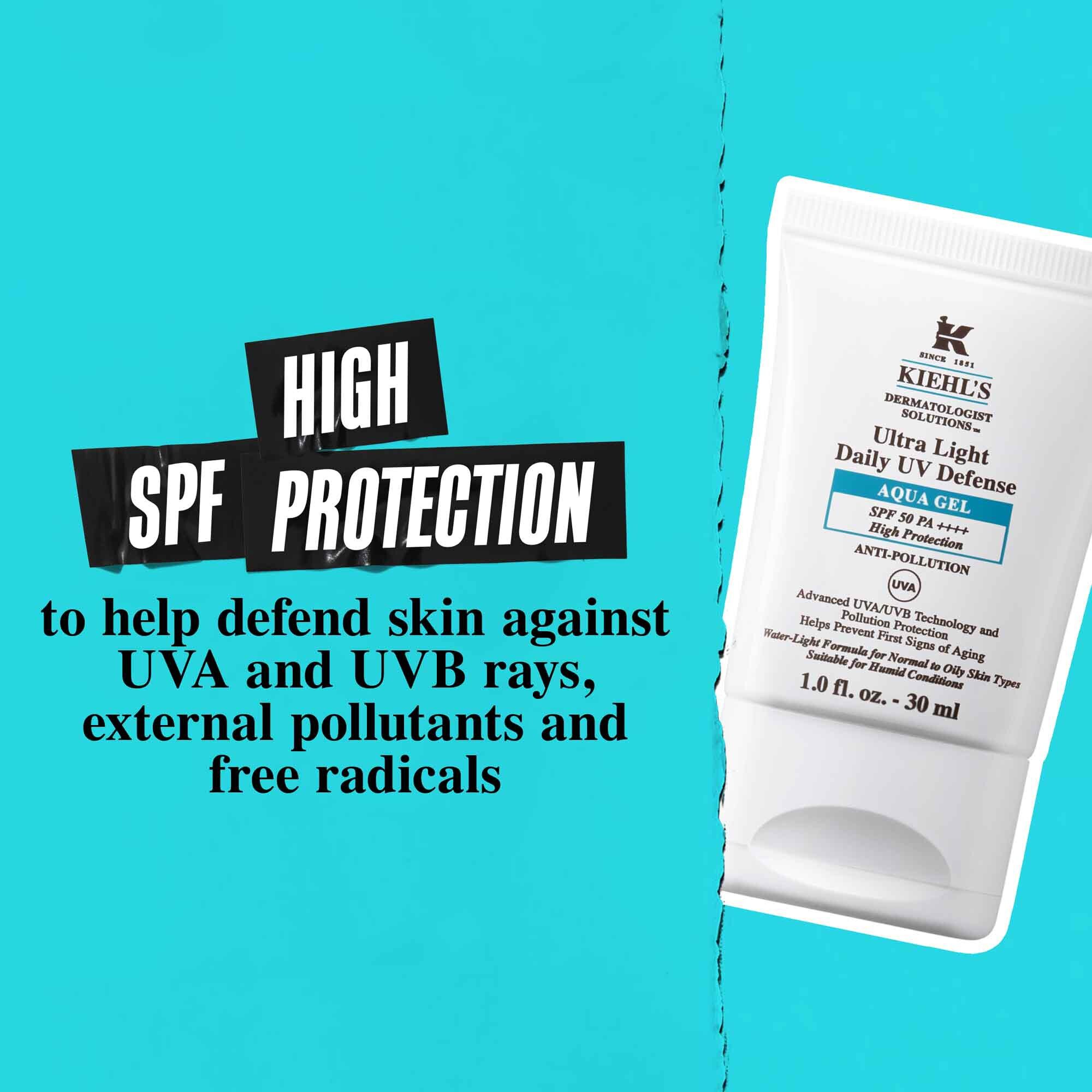 Tuba Ultra Light Daily UV Defense Aqua Gel na plavoj pozadini sa tekstom: „Visoka SPF zaštita koja pomaže u odbrani kože od UVA i UVB zraka, spoljašnjih zagađivača i slobodnih radikala.”