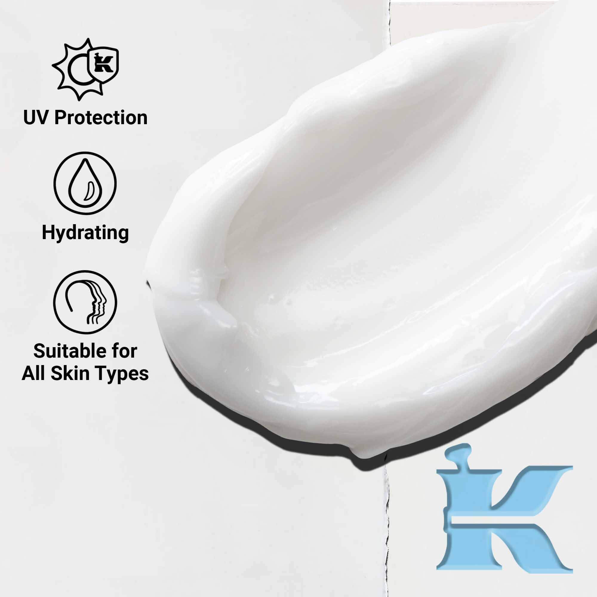 Krupni plan teksture Ultra Facial Cream SPF 30 koja prikazuje laganu, kremastu formulu. Tekst ističe UV zaštitu i prednosti hidratacije.