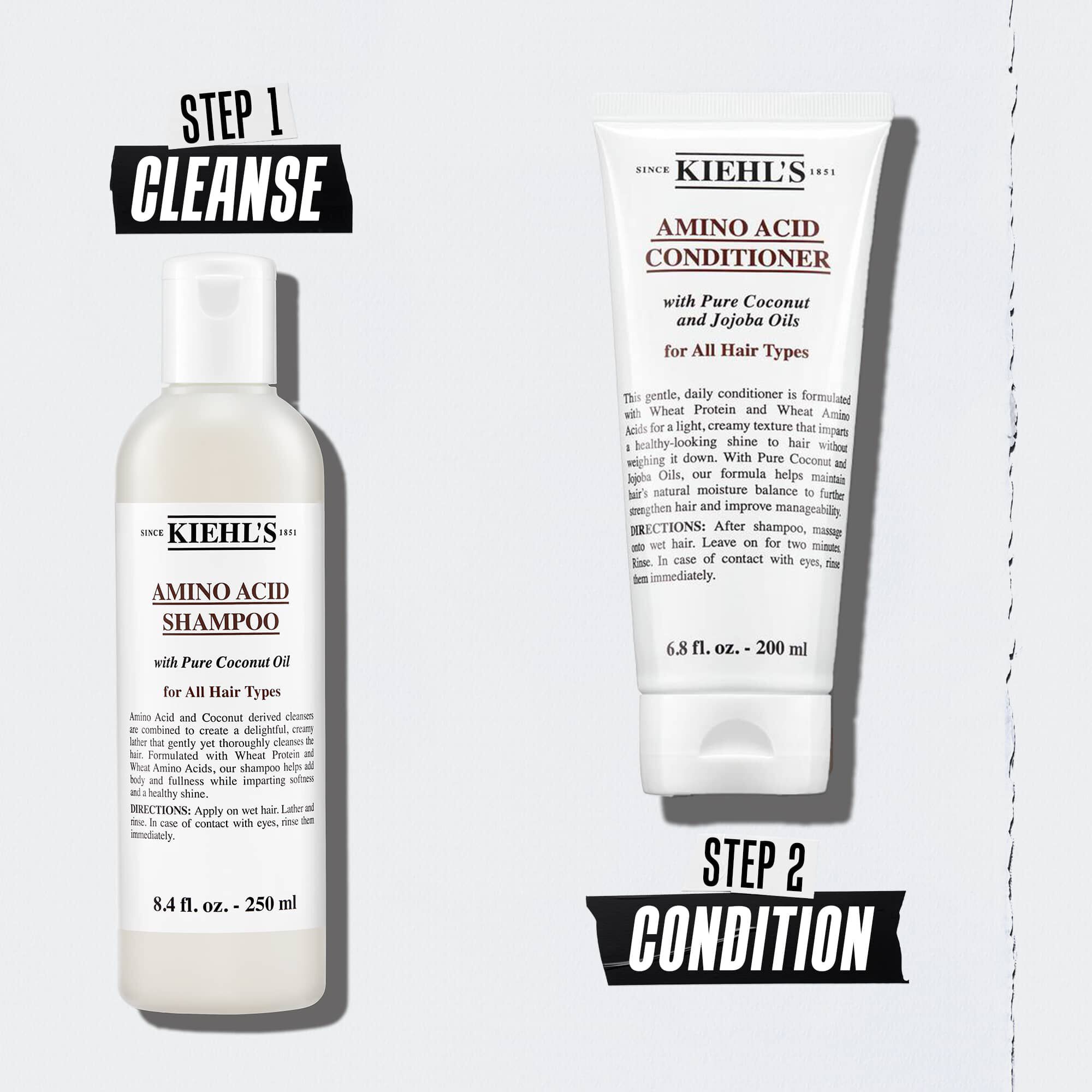 Kiehl's Amino Acid rutinska ilustracija za negu kose sa bočicama – Korak 1 Čišćenje Korak 2 Stanje