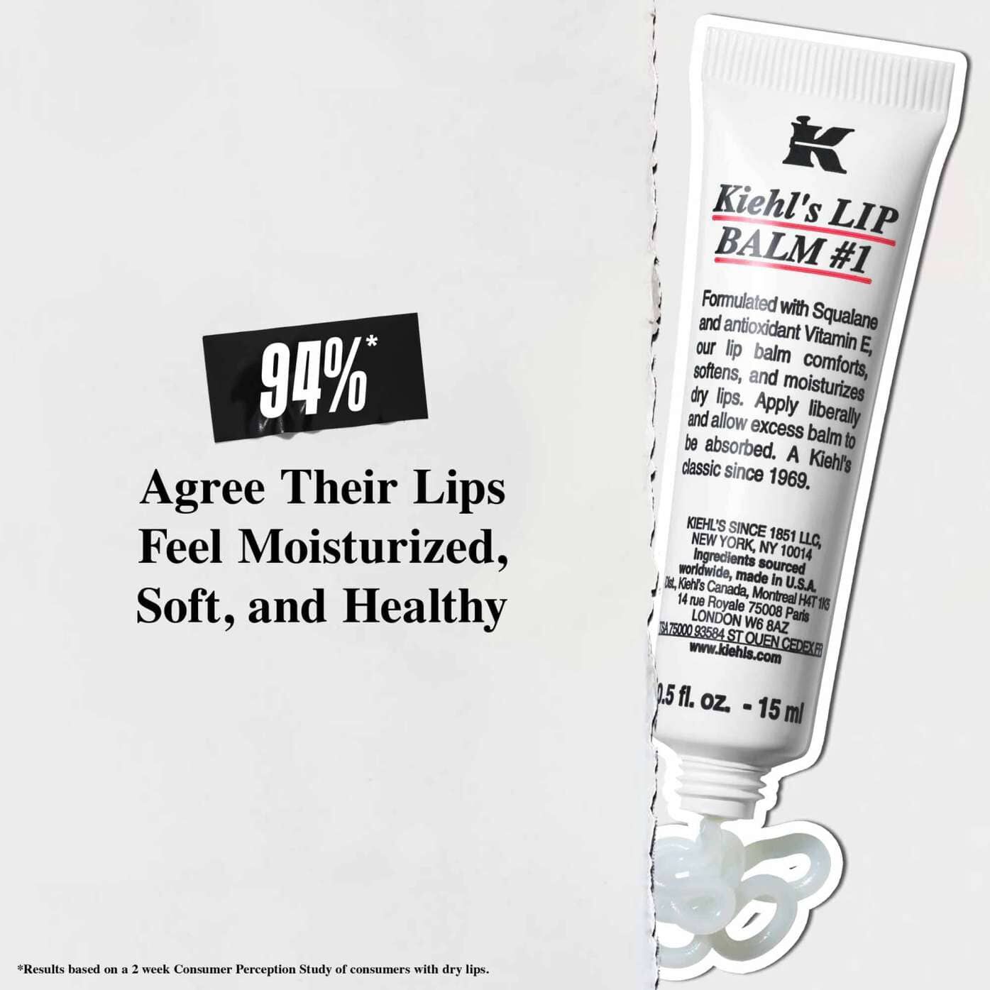 Tuba Lip Balm #1 balzama na beloj pozadini sa tekstom: „94% se slaže da su im usne hidrirane, meke i zdrave.”