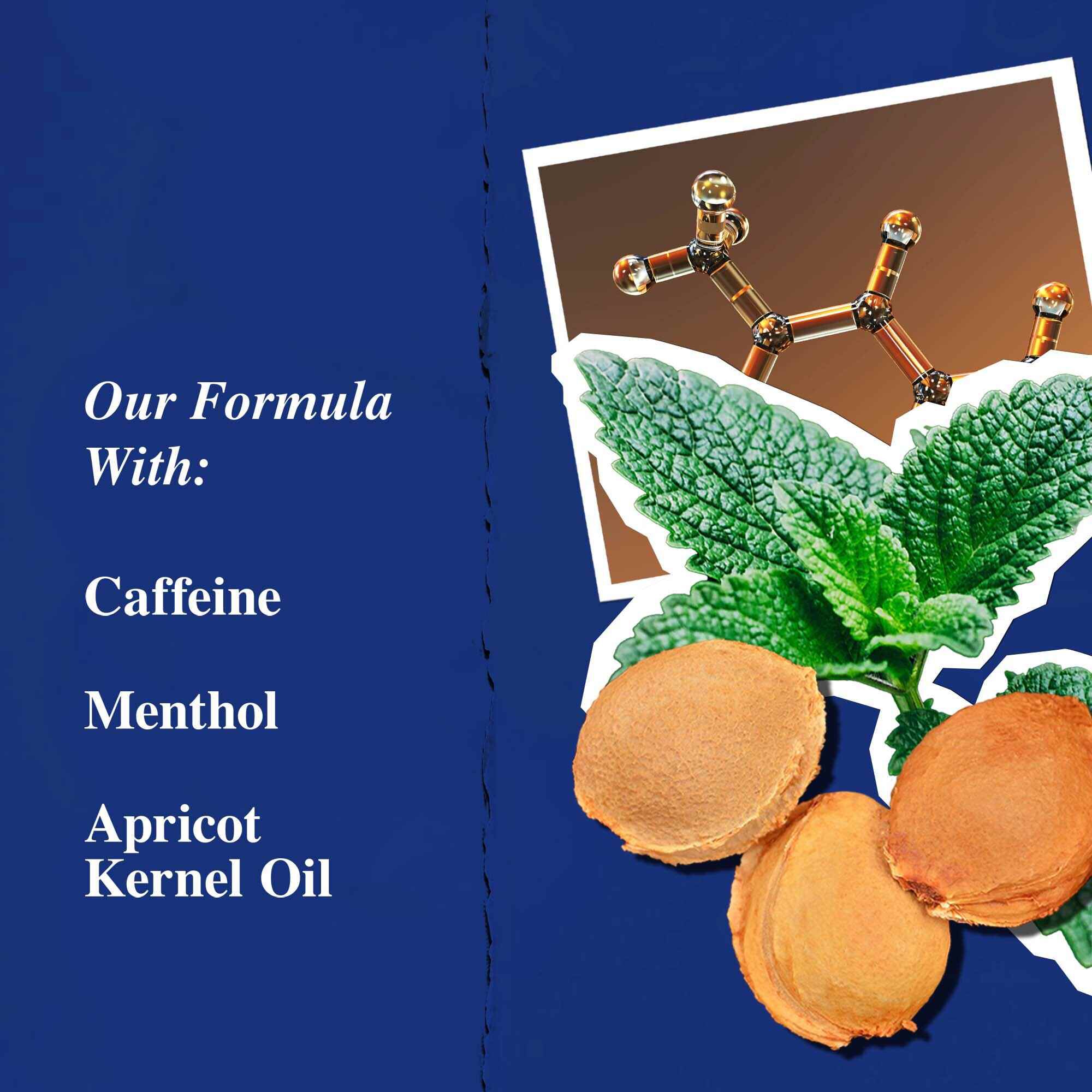 Prikaz ključnih sastojaka: kofein, mentol i ulje koštica kajsije.