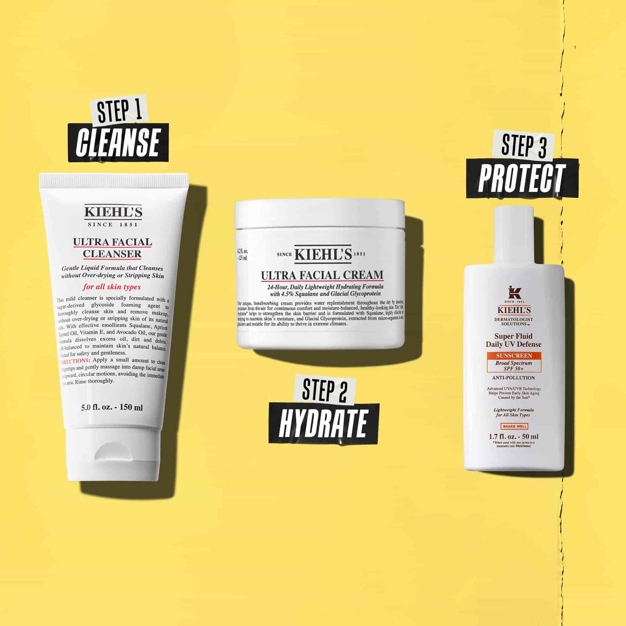 Tri Kiehl's proizvoda koja predstavljaju rutinu. S leva na desno: sredstvo za čišćenje, hidratantna krema i krema za sunčanje.