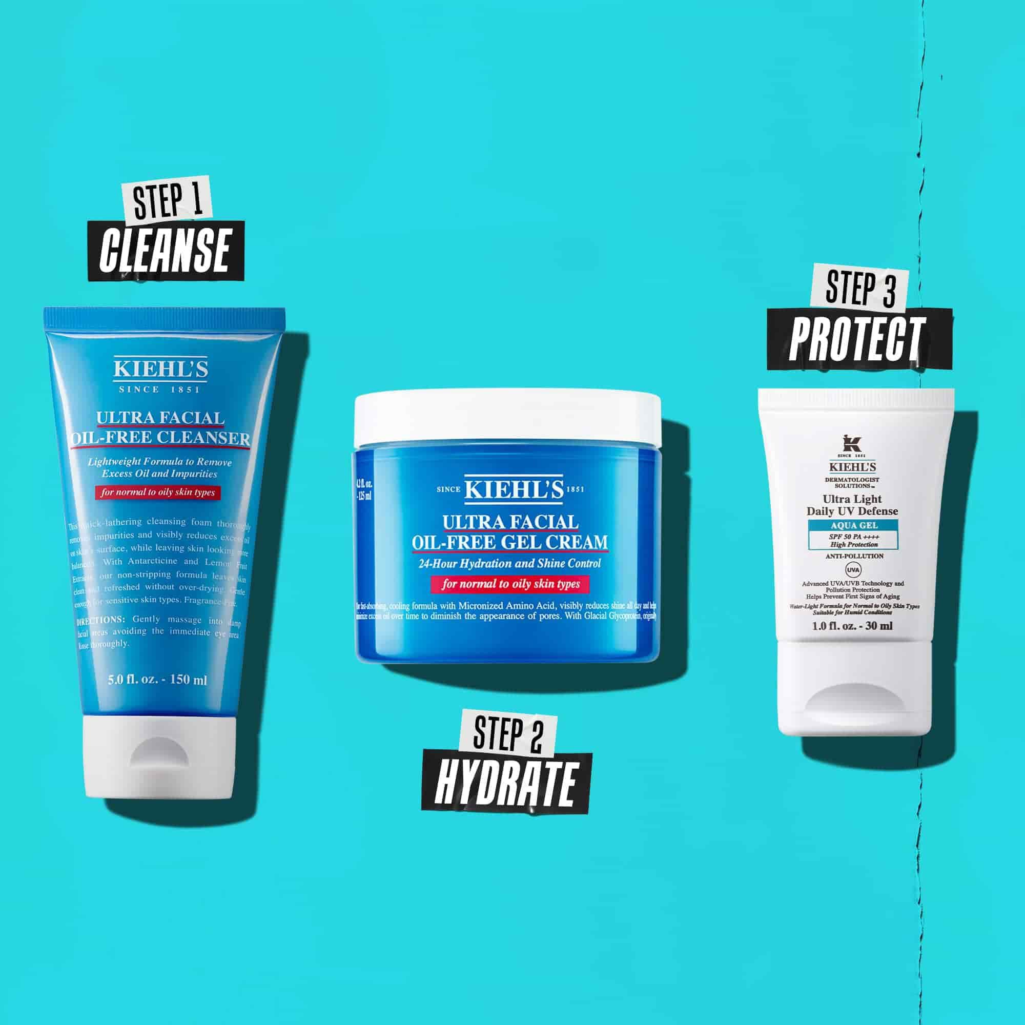 Rutina u tri koraka sa Kiehl's proizvodima. Korak 1: Ultra Facial Oil-Free Cleanser. Korak 2: Ultra Facial Oil-Free Gel Cream. Korak 3: Ultra Light Daily UV Defense Aqua Gel.