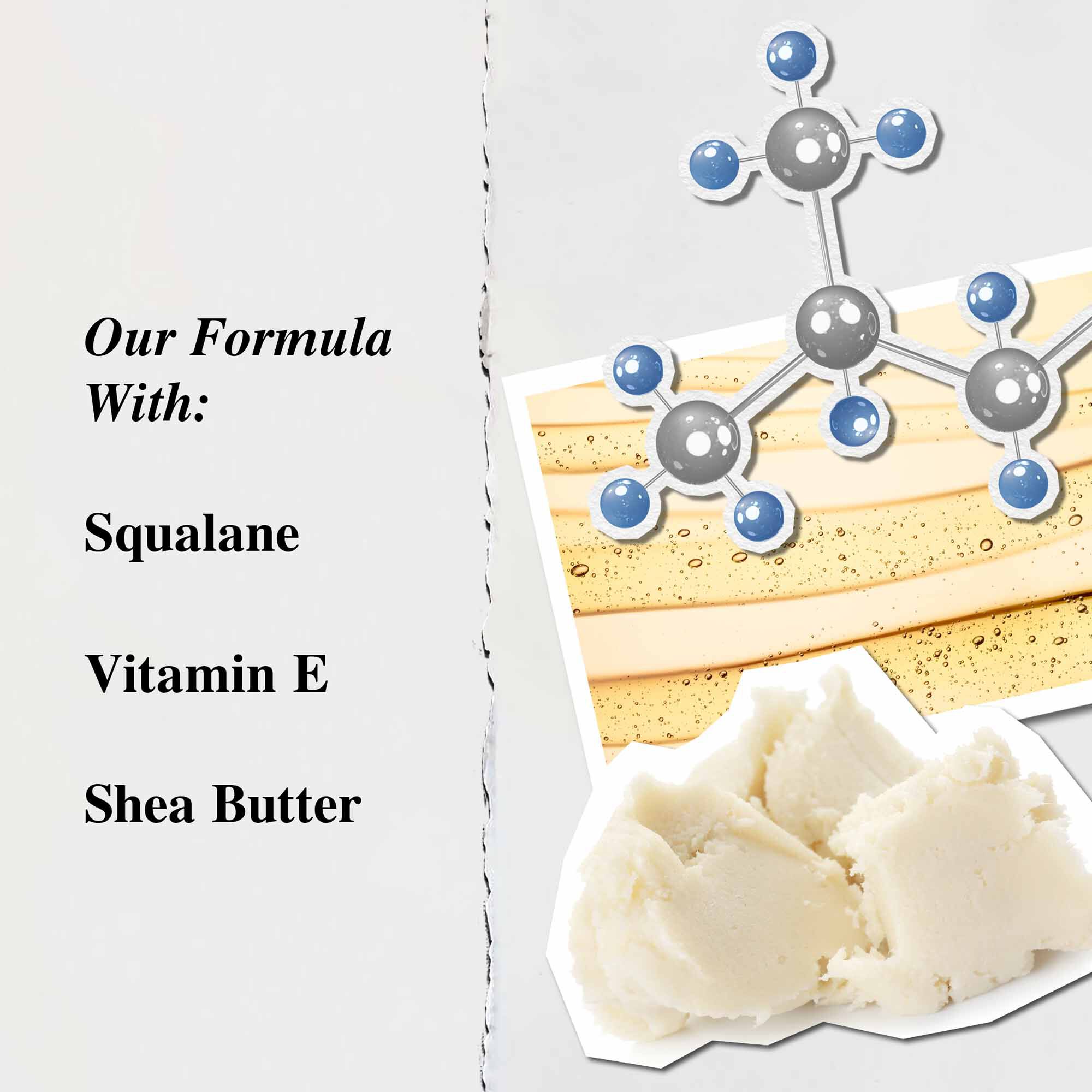 Prikaz koji ističe ključne sastojke Lip Balm #1 balzama: shea puter, skvalan i vitamin E.