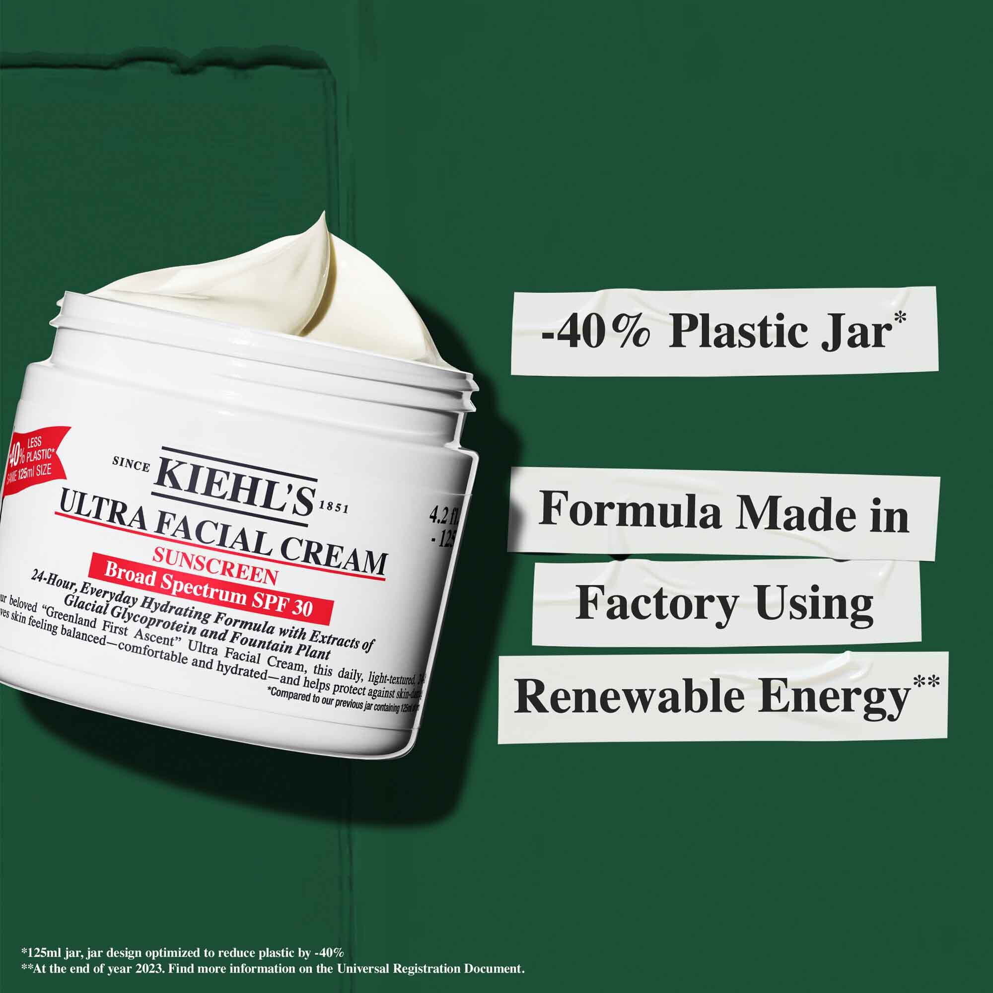 Teglica Ultra Facial Cream SPF 30 sa tekstom koji ističe tvrdnje o održivosti: „-40% plastična teglica” i „Formula proizvedena u fabrici uz obnovljivu energiju.”