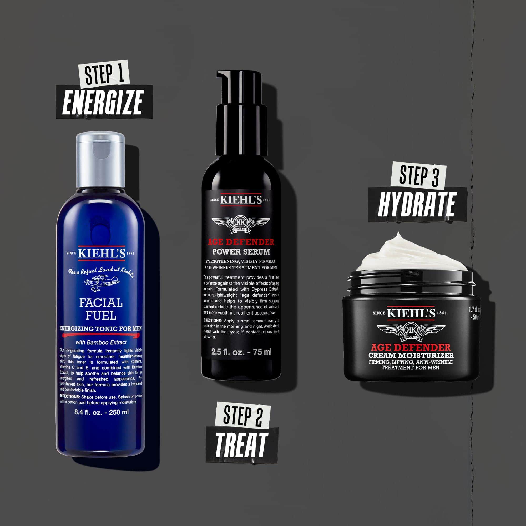 Age Defender rutina u tri koraka: Korak 1: Nega očiju. Korak 2: Hidratantni serum. Korak 3: Obnavljajuća krema.