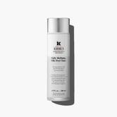 A graphic featuring a frosted bottle of Kiehl's Daily Refining Milk-Peel Toner with a silver cap and a label with black text.