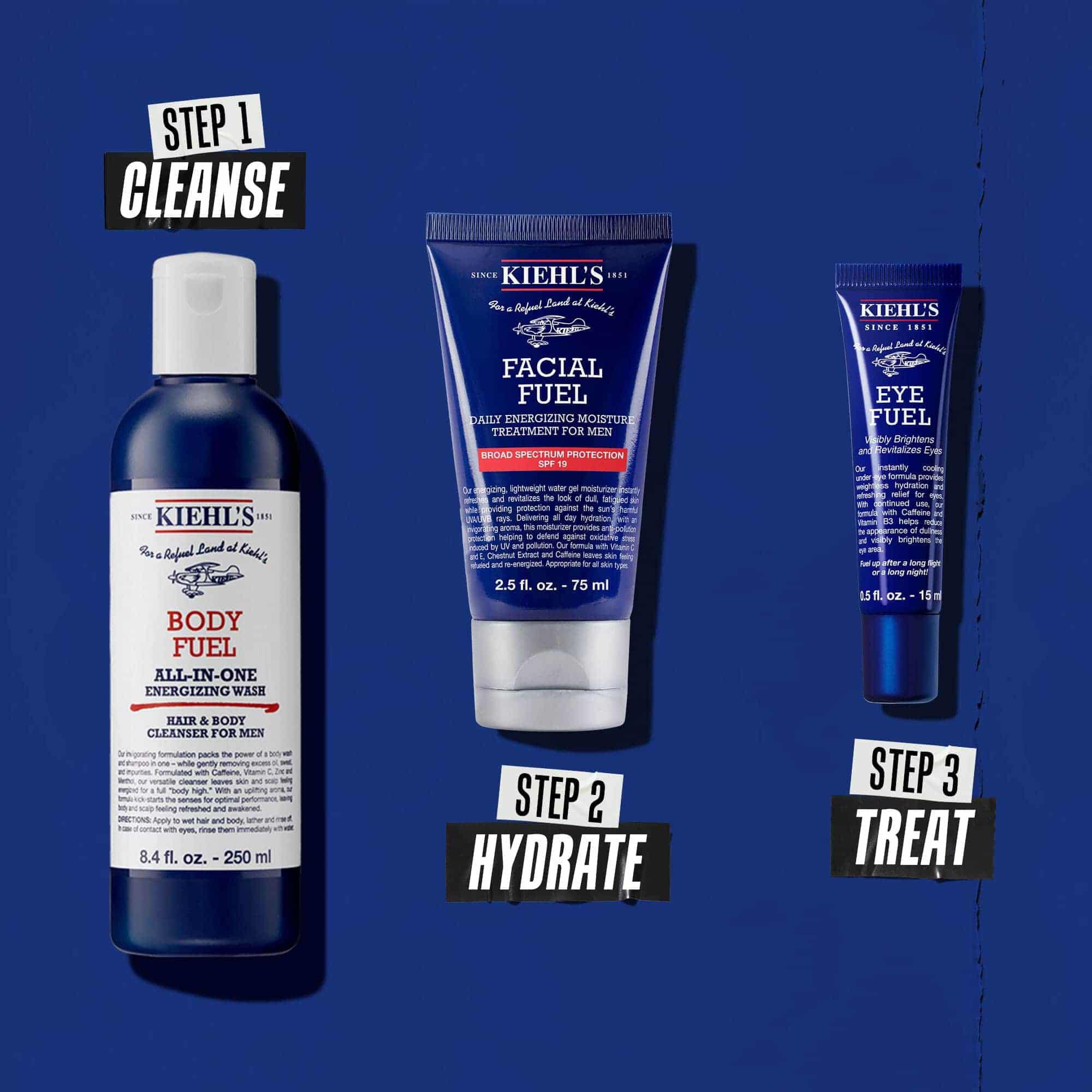 Body Fuel rutina u tri koraka: Korak 1: Pranje. Korak 2: Hidratacija uz Facial Fuel Treatment. Korak 3: Facial Fuel Eye Fuel krema za područje oko očiju.