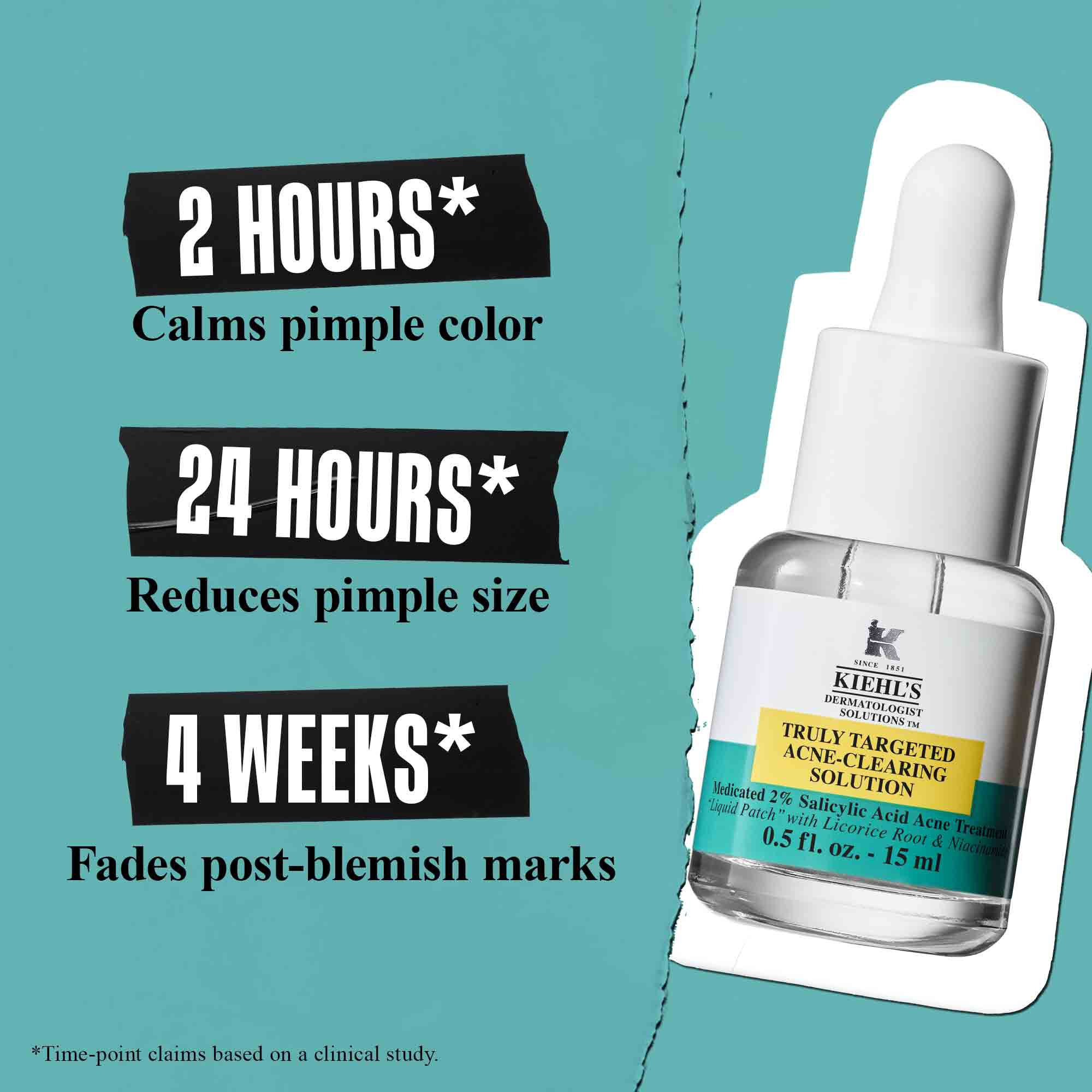 Bočica Truly-Targeted Blemish-Clearing Solution na zelenoj pozadini sa tekstom: "2 sata* Umiruje boju bubuljice", "24 sata* Smanjuje veličinu bubuljice" i "4 nedelje* Bledi tragove nakon nepravilnosti".