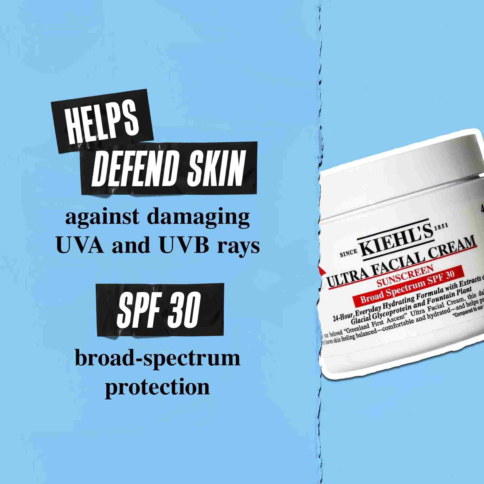 Teglica Ultra Facial Cream SPF 30 na plavoj pozadini sa tekstom: „Pomaže u odbrani kože od štetnih UVA i UVB zraka. SPF 30 zaštita širokog spektra.”