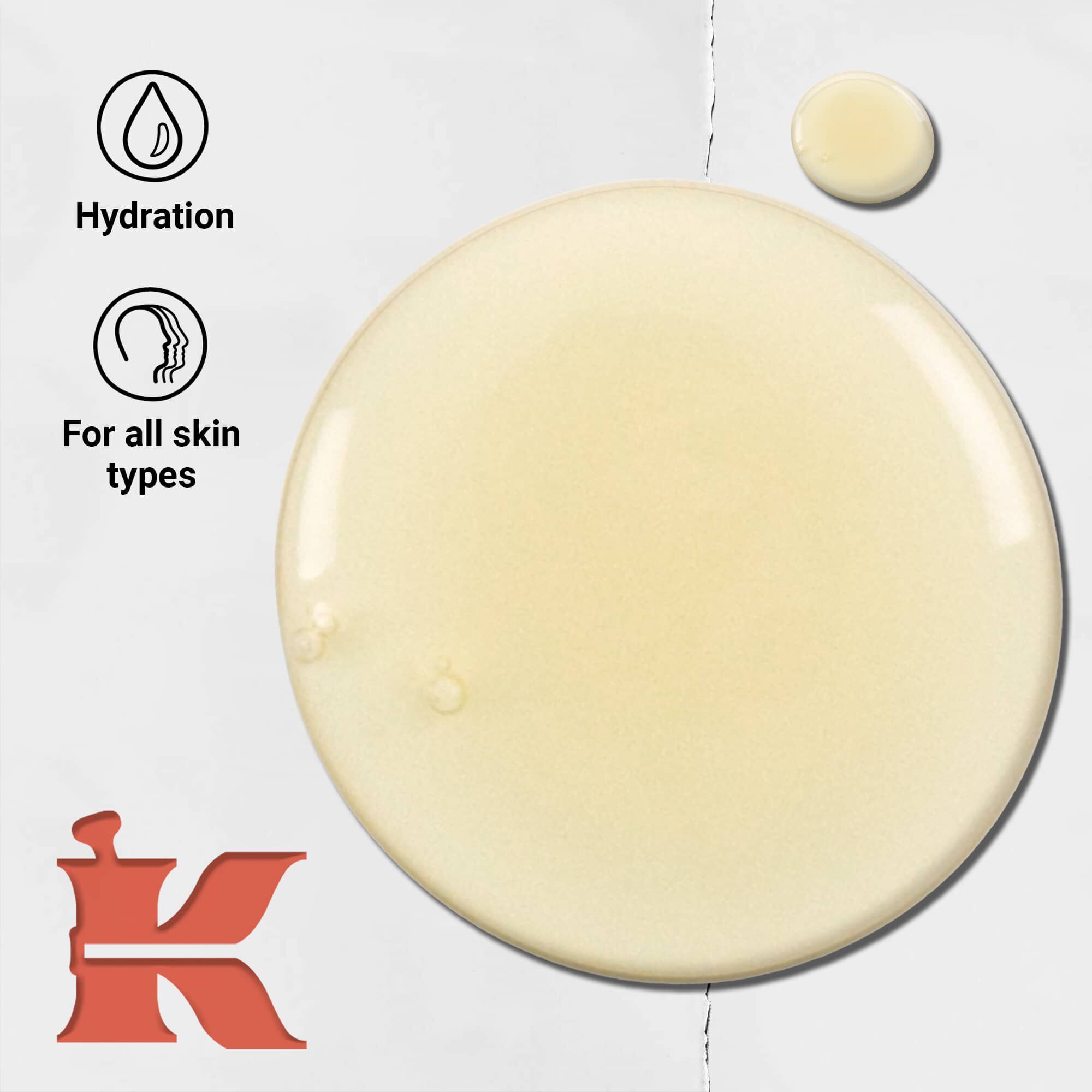 Fotografija teksture tečnog sredstva za pranje tela sa grejpfrutom sa ikonama koje navode hidrataciju i da je za sve tipove kože