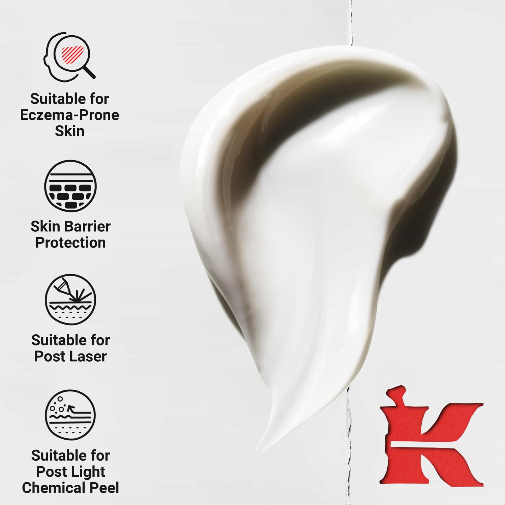 Dinamičan vrtlog guste kreme; ikonice ističu prednosti: pogodno za kožu sklonu ekcemima, zaštita kožne barijere, nakon lasera i nakon blagog hemijskog pilinga.