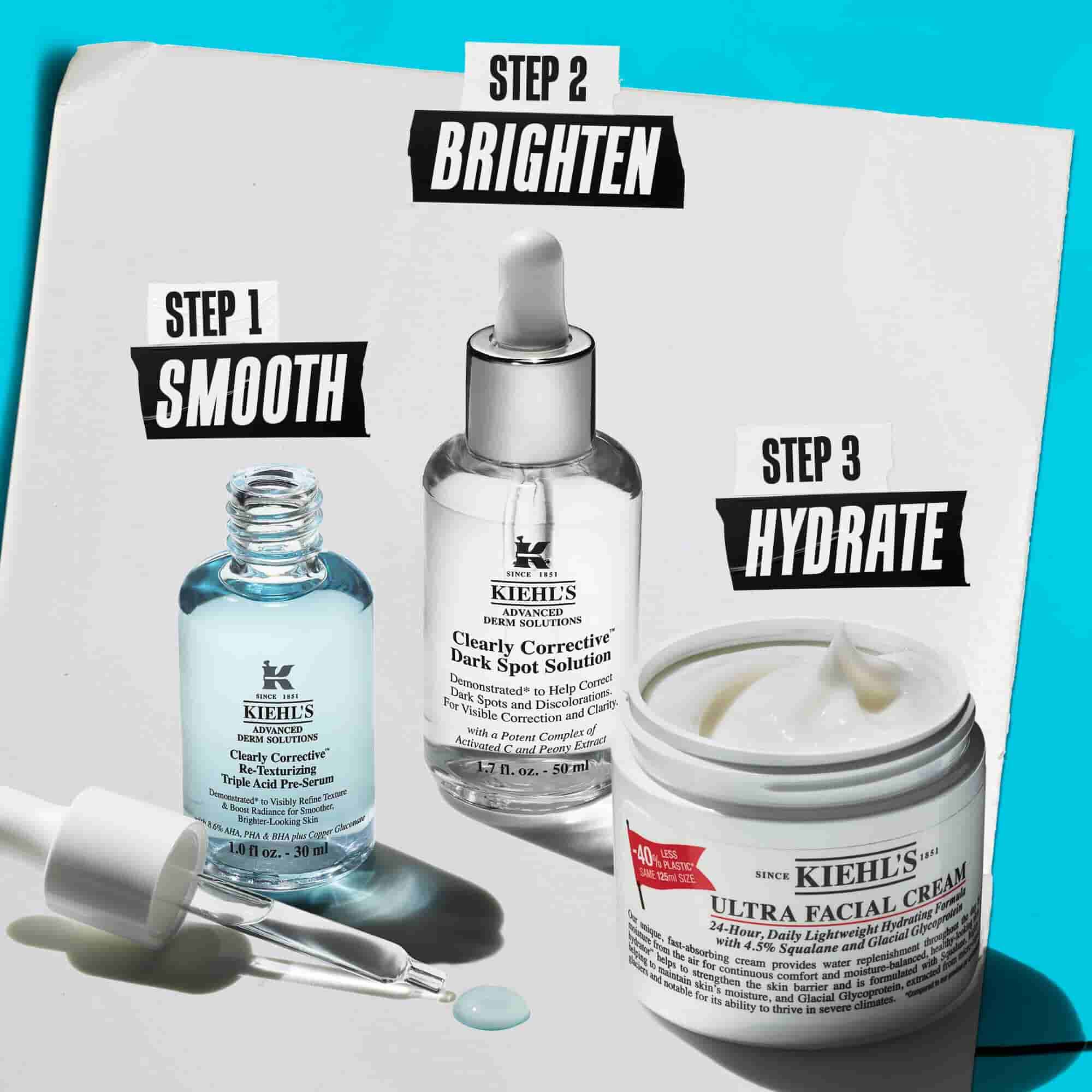 Dva Kiehl's proizvoda na beloj površini sa plavom pozadinom: Clearly Corrective Triple Acid Peel i Retinol Skin-Renewing Daily Micro-Dose Serum.