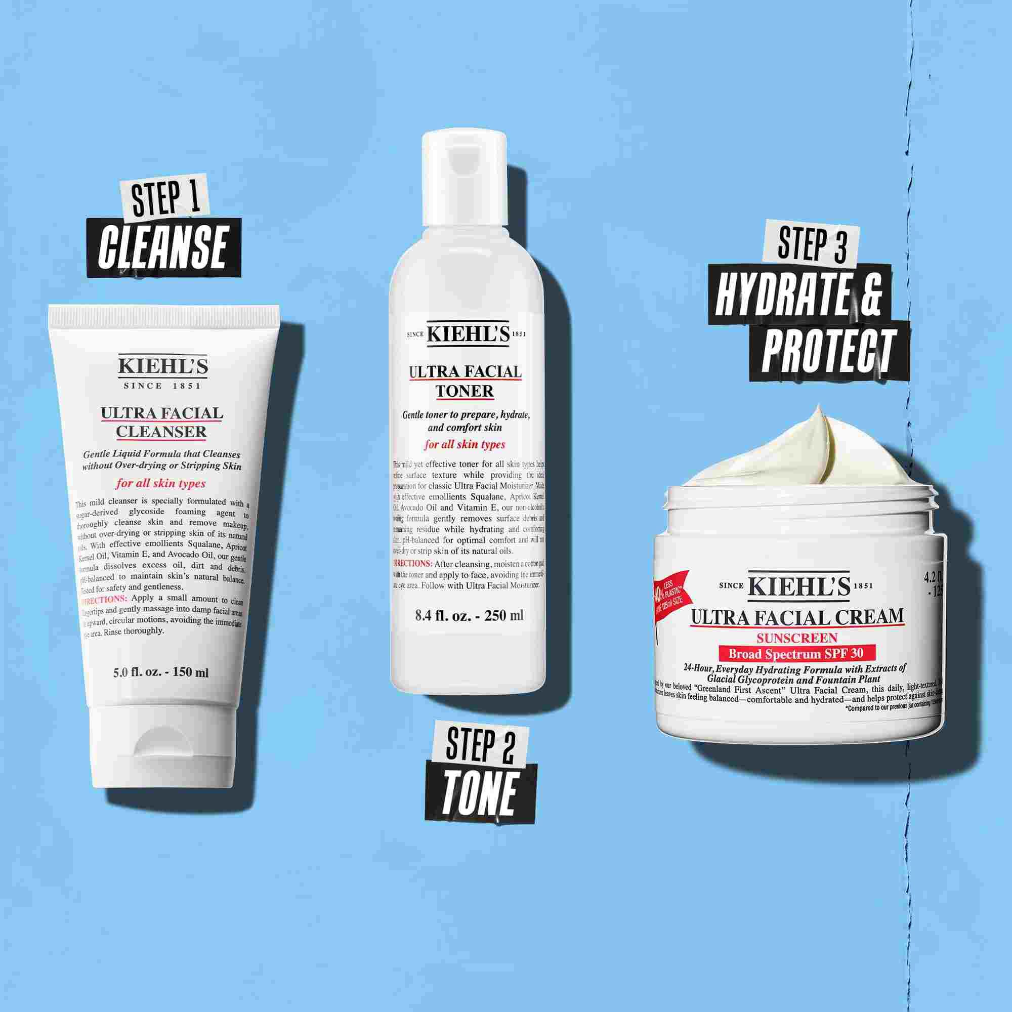 Rutina u tri koraka sa Kiehl's proizvodima. Korak 1: Ultra Facial Cleanser. Korak 2: Ultra Facial Toner. Korak 3: Ultra Facial Cream SPF 30.