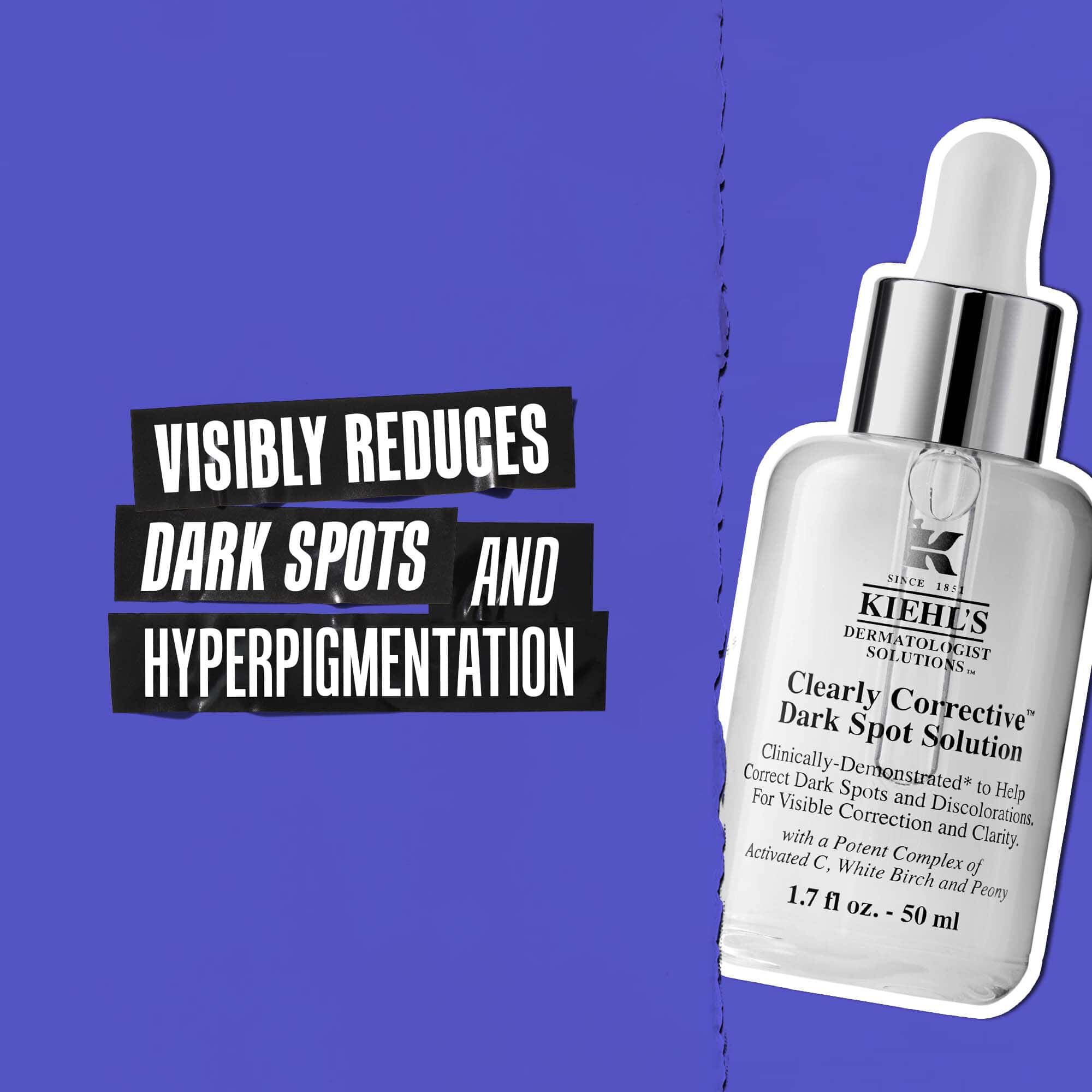 Bočica Clearly Corrective Dark Spot Solution sa tekstom: Vidljivo smanjuje tamne fleke i hiperpigmentaciju.