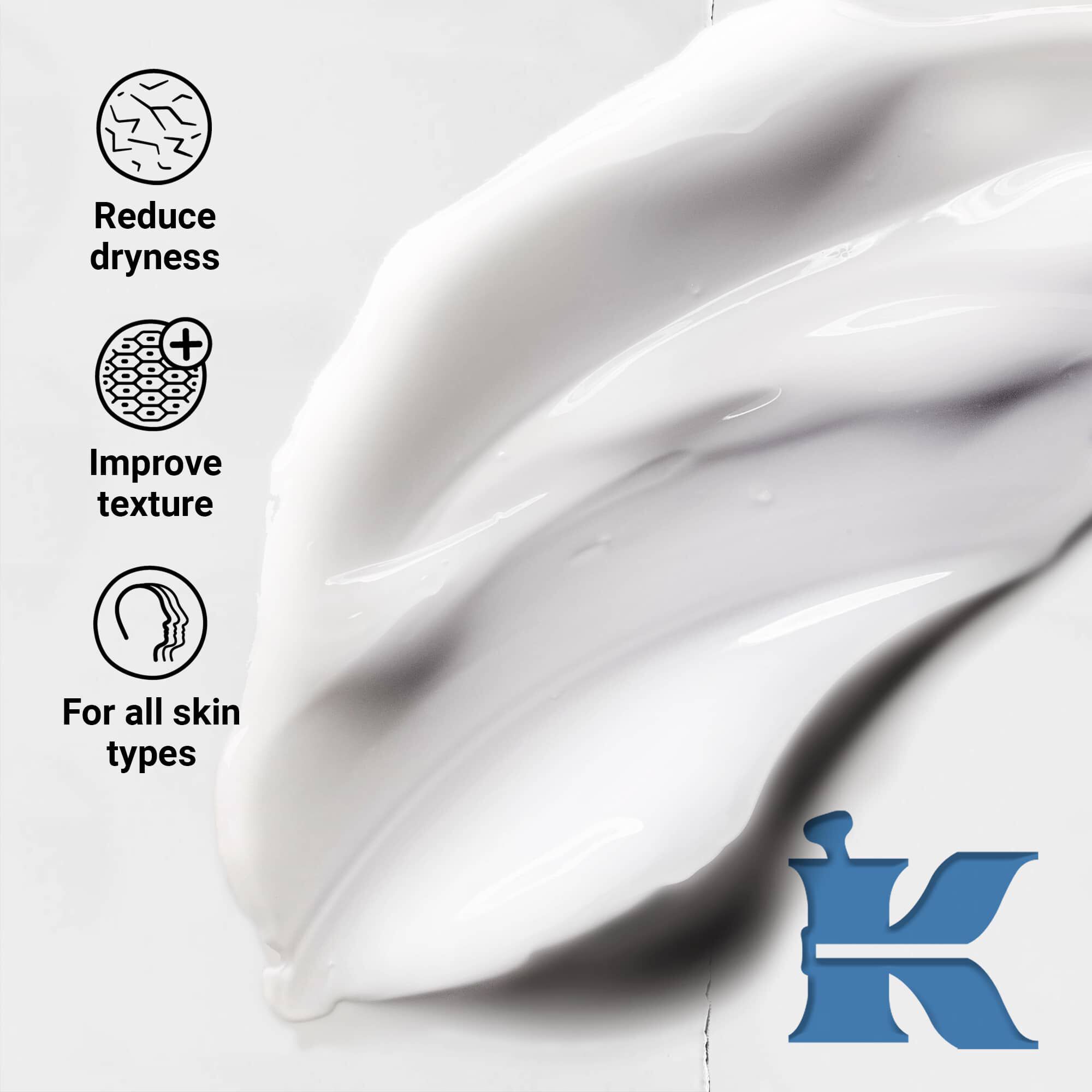 Fotografija teksture proizvoda koja navodi da smanjuje suvoću, poboljšava teksturu i da je za sve tipove kože