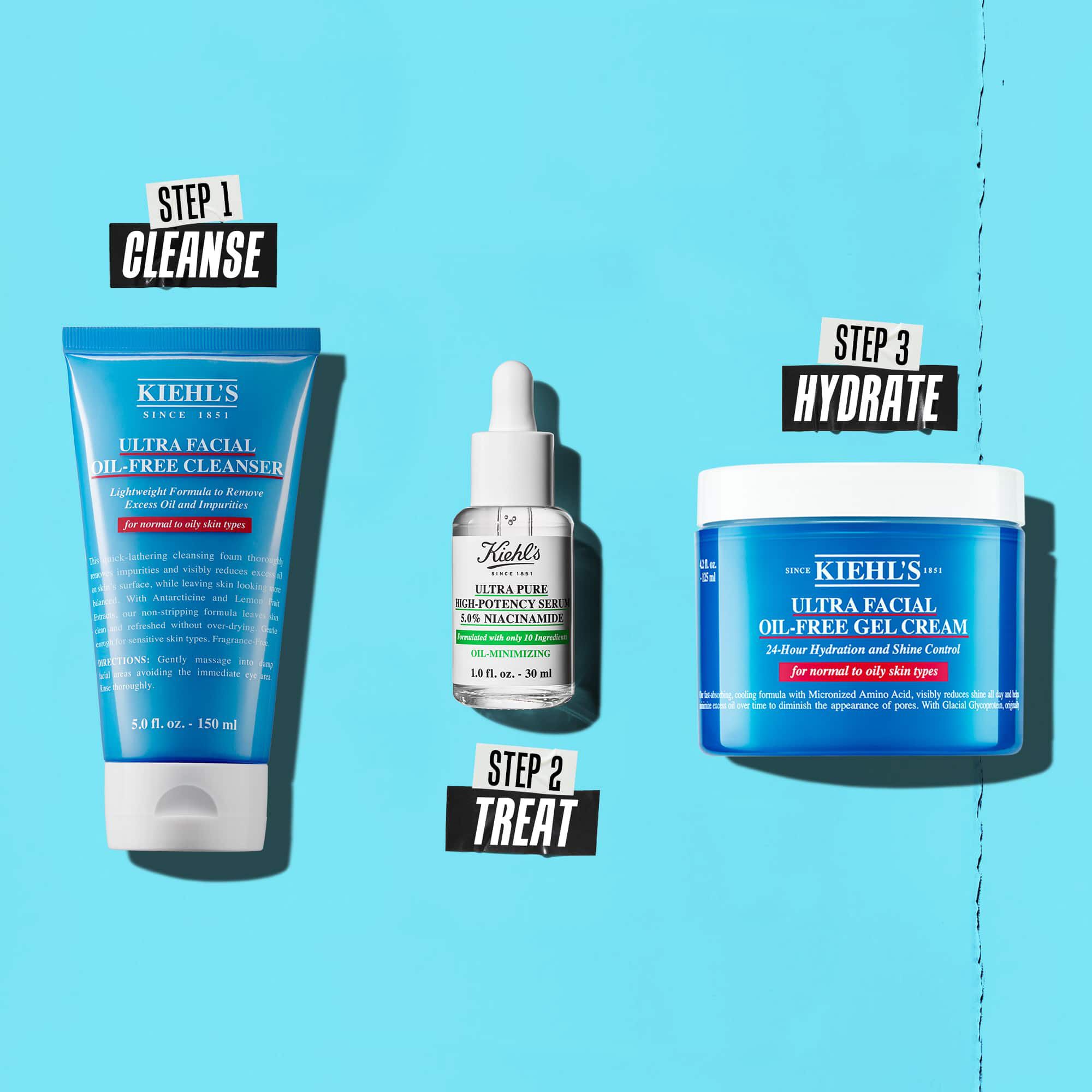 Rutina u tri koraka sa Kiehl's proizvodima. Korak 1: Ultra Facial Oil-Free Cleanser. Korak 2: Serum sa niacinamidom. Korak 3: Ultra Facial Oil-Free Gel Cream.
