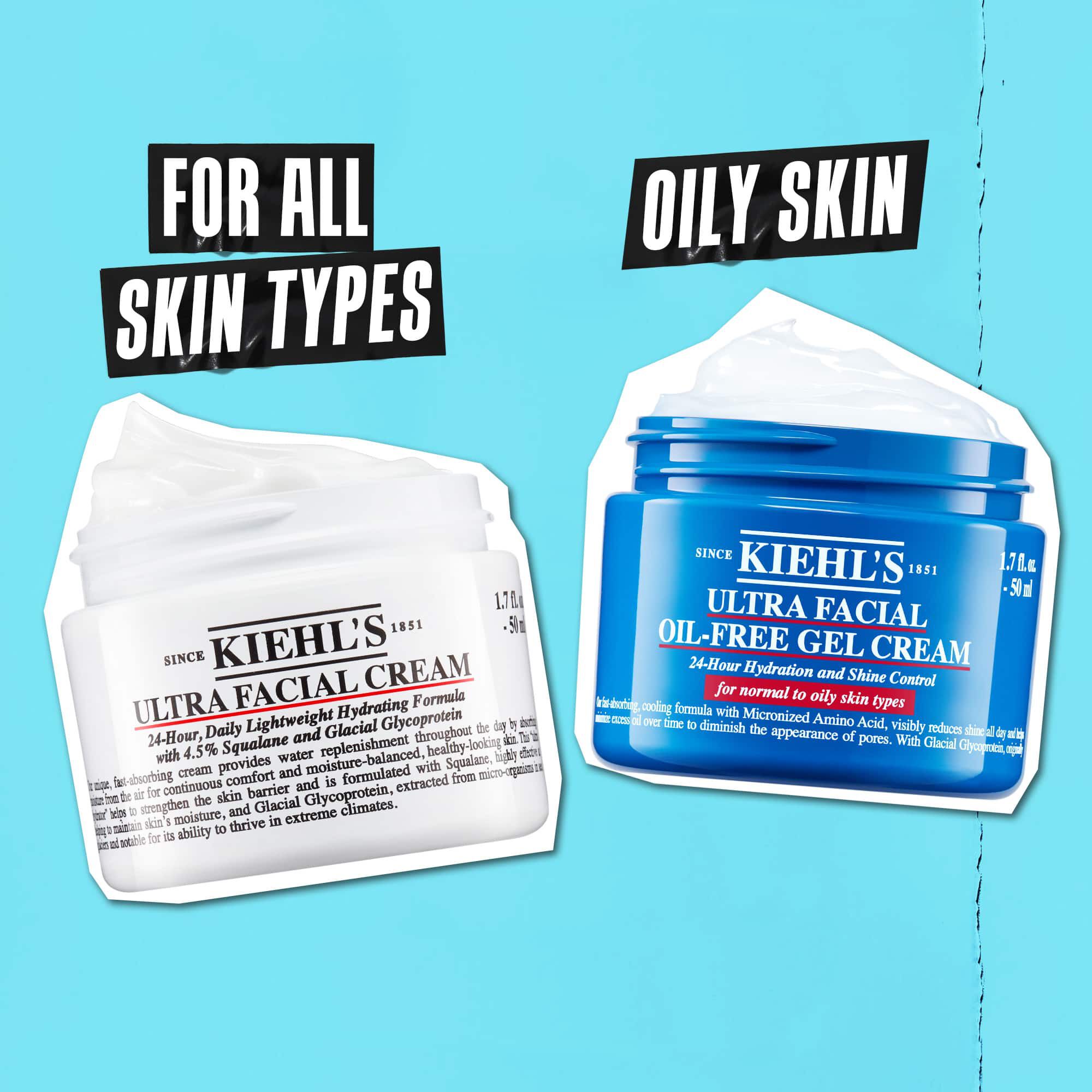 Dve Kiehl's teglice prikazane jedna pored druge na plavoj pozadini. Ultra Facial Cream je označena „Za sve tipove kože”, a Ultra Facial Oil-Free Gel Cream je označena „Masna koža”.