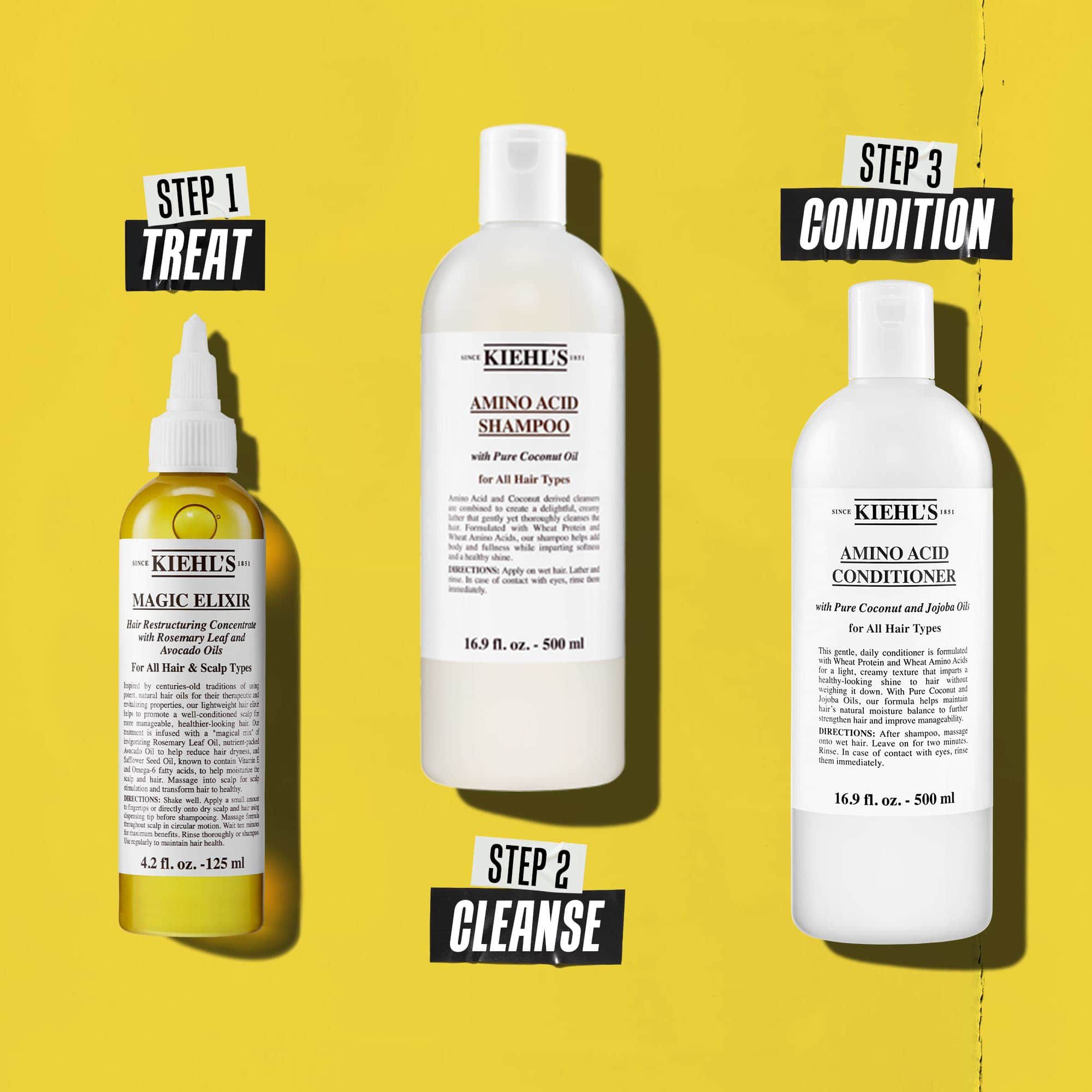 Rutina za kosu u tri koraka sa Kiehl's proizvodima. Korak 1: Magic Elixir Hair Oil. Korak 2: Amino Acid Shampoo. Korak 3: Amino Acid Conditioner. Tekst označava svaki korak kao „Tretman”, „Čišćenje” i „Regenerator”.