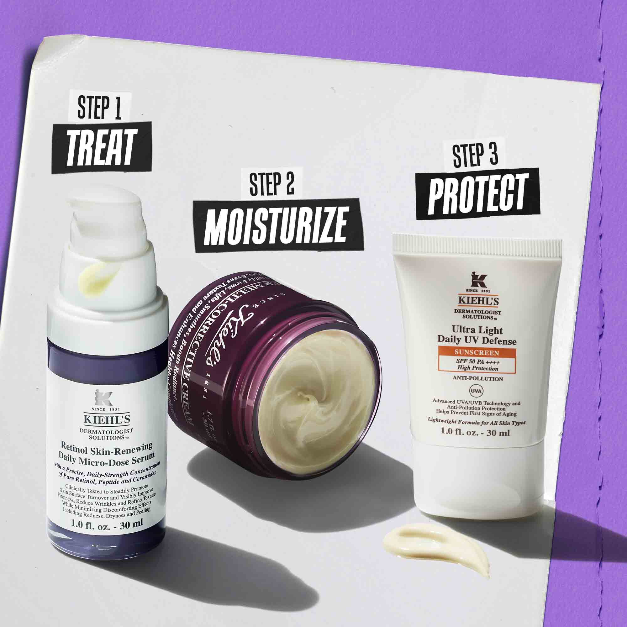 Ilustracija rutine sa Retinol Skin Renewing Daily Microdose – čišćenje, nega, nega očiju, zaštita