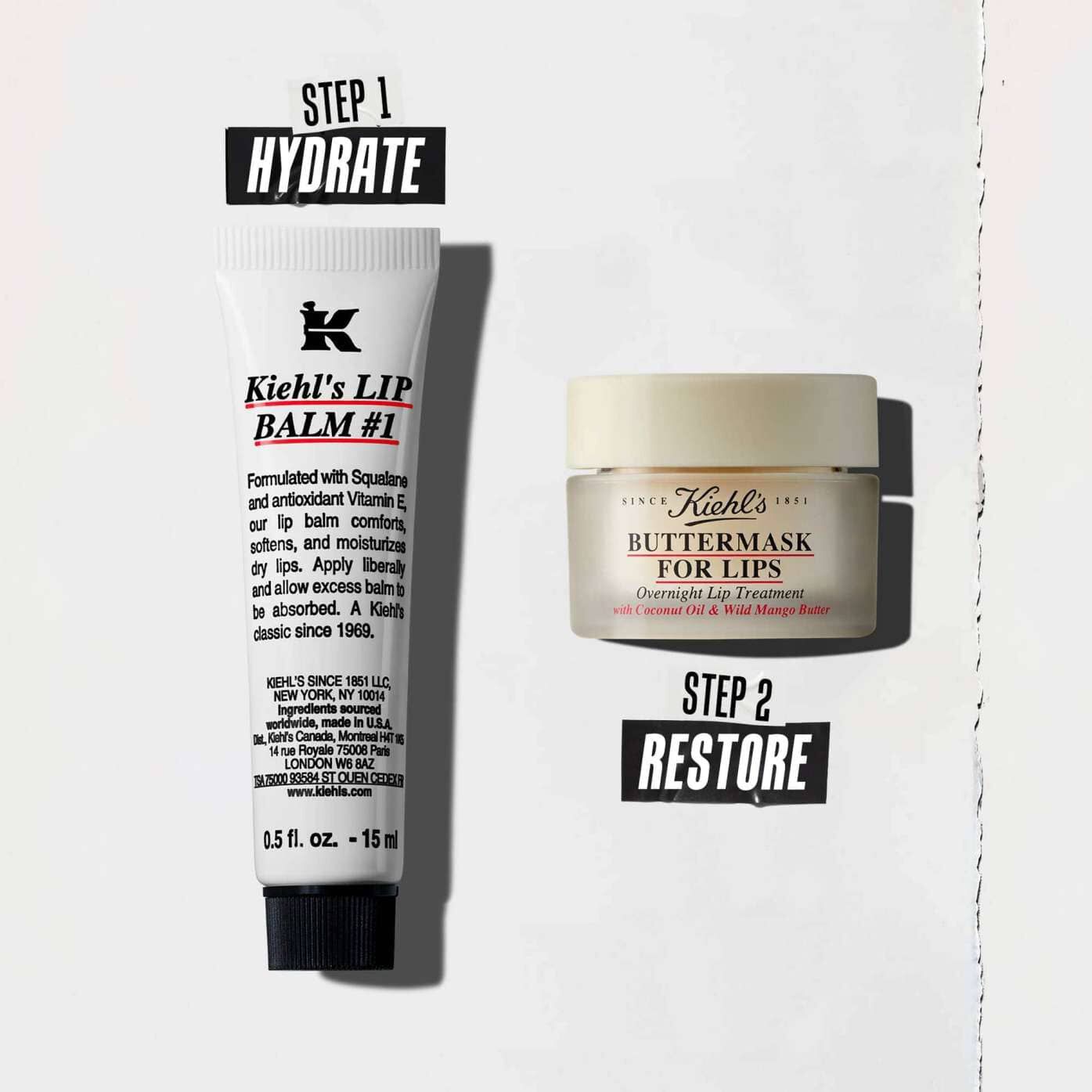 Rutina u dva koraka koja sadrži Lip Balm #1 za hidrataciju i Butter Mask za obnovu.