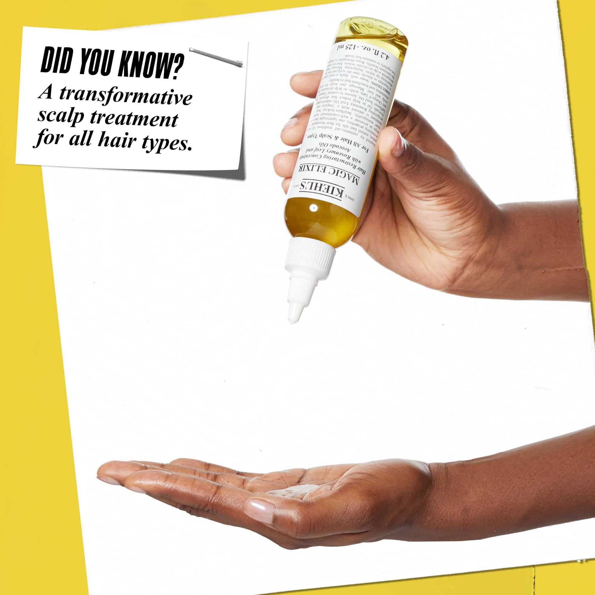 Ruka dozira Magic Elixir Hair Oil na drugu ruku. Tekst glasi: „Da li ste znali? Transformativni tretman kože glave za sve tipove kose.”