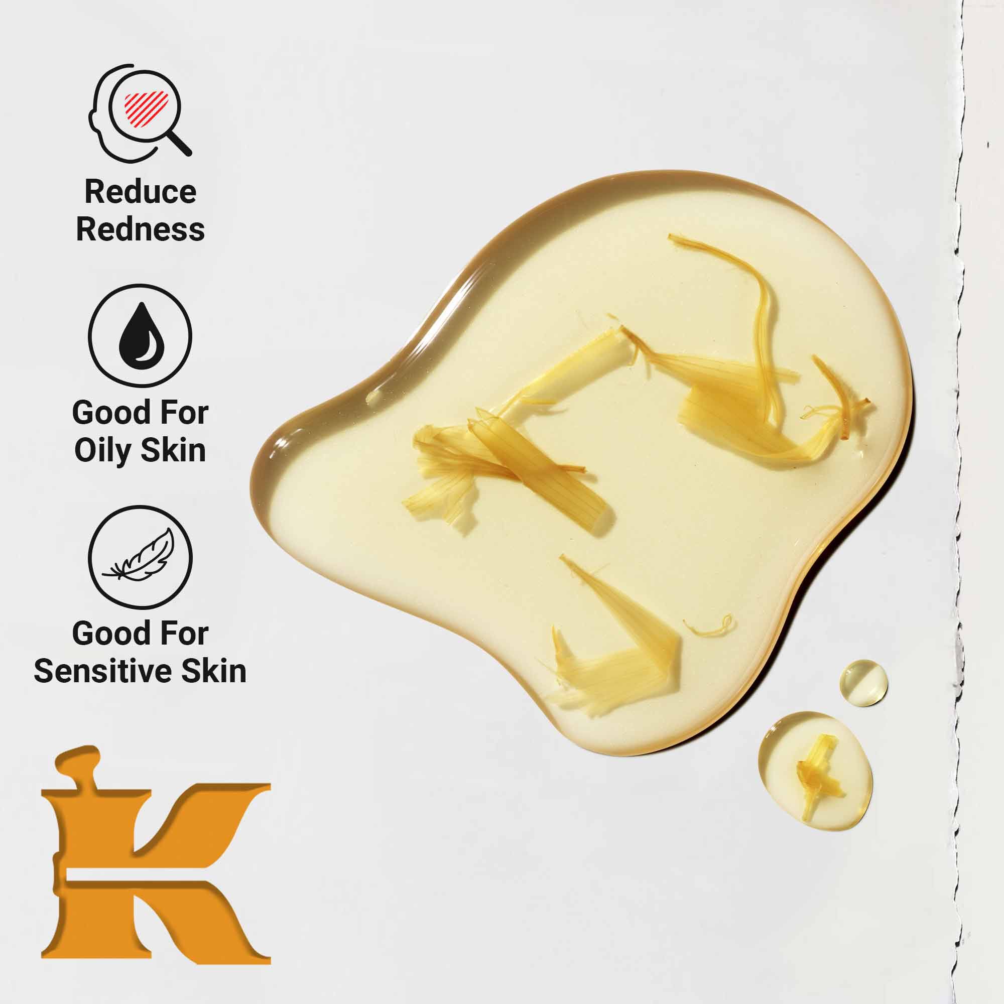 Krupni plan teksture Calendula Herbal-Extract tonera koji prikazuje trag tečnosti sa laticama nevena. Tekst ističe prednosti smanjenja crvenila i pogodnost za masnu i osetljivu kožu.