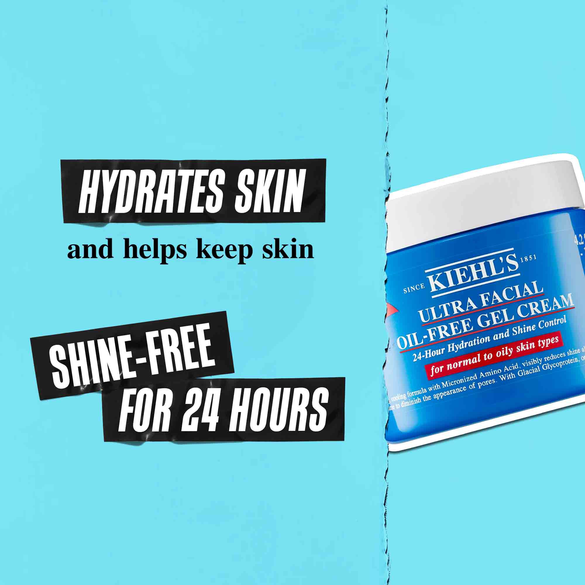 Teglica Ultra Facial Oil-Free Gel Cream na plavoj pozadini sa tekstom: „Hidrira kožu i pomaže da ostane bez sjaja 24 sata.”