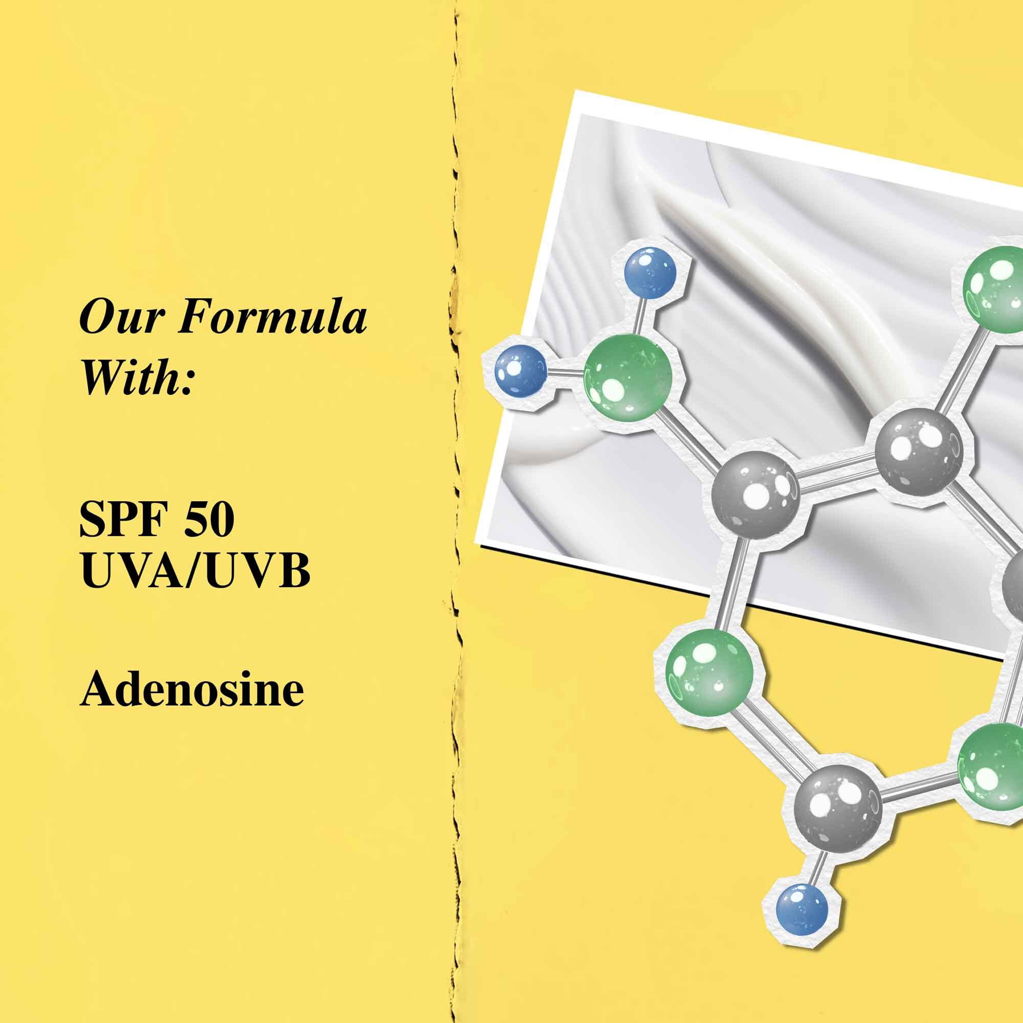 Prikaz ključnih sastojaka: SPF 50 i adenozin.