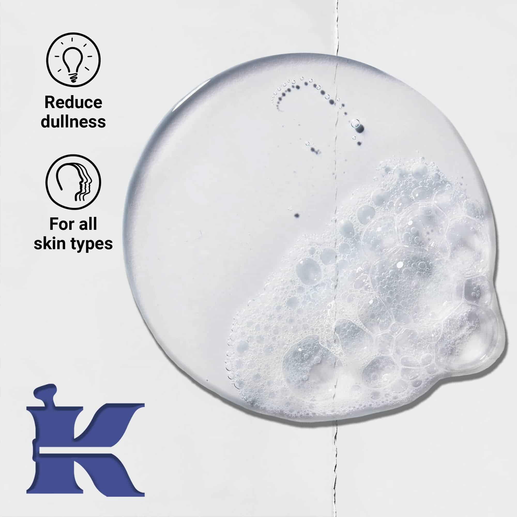 Fotografija teksture Facial Fuel sa ikonama koje navode da smanjuje umoran izgled kože i da je za sve tipove kože
