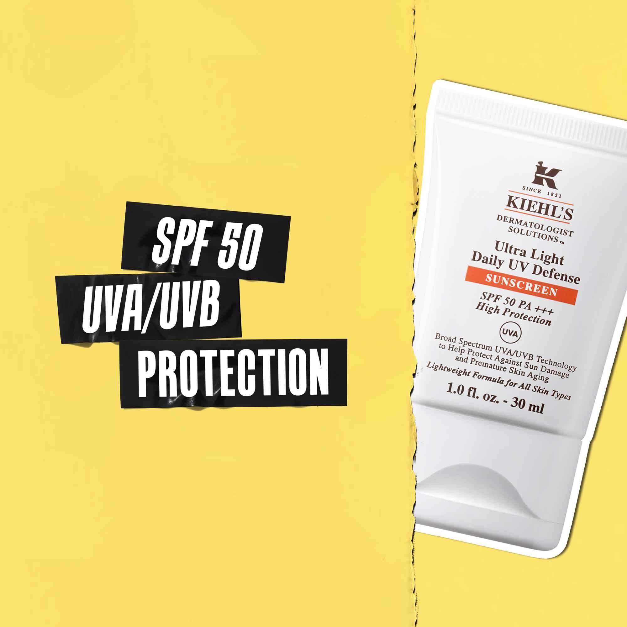 Istaknuta SPF 50 UVA/UVB zaštita na crnoj traci sa slikom tube Ultra-Light Daily UV Defense pored nje.