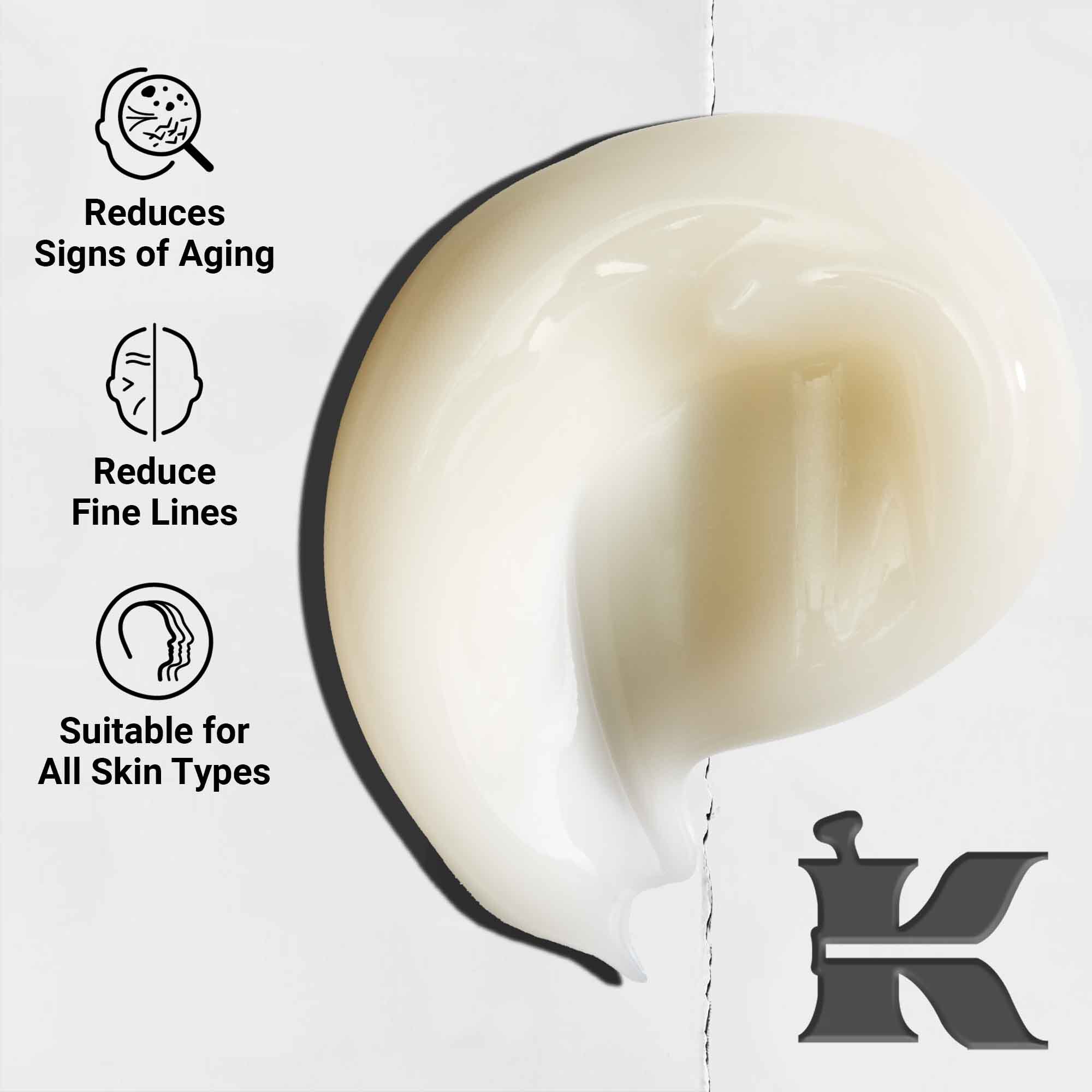 Krupni plan teksture Age Defender Power seruma; lagana formula, smanjuje znakove starenja i fine linije, pogodno za sve tipove kože.