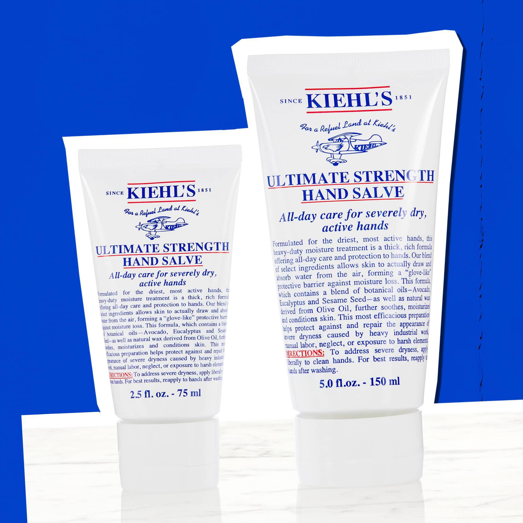 Dve tube Kiehl's Ultimate Strength Hand Salve koje prikazuju dostupne veličine